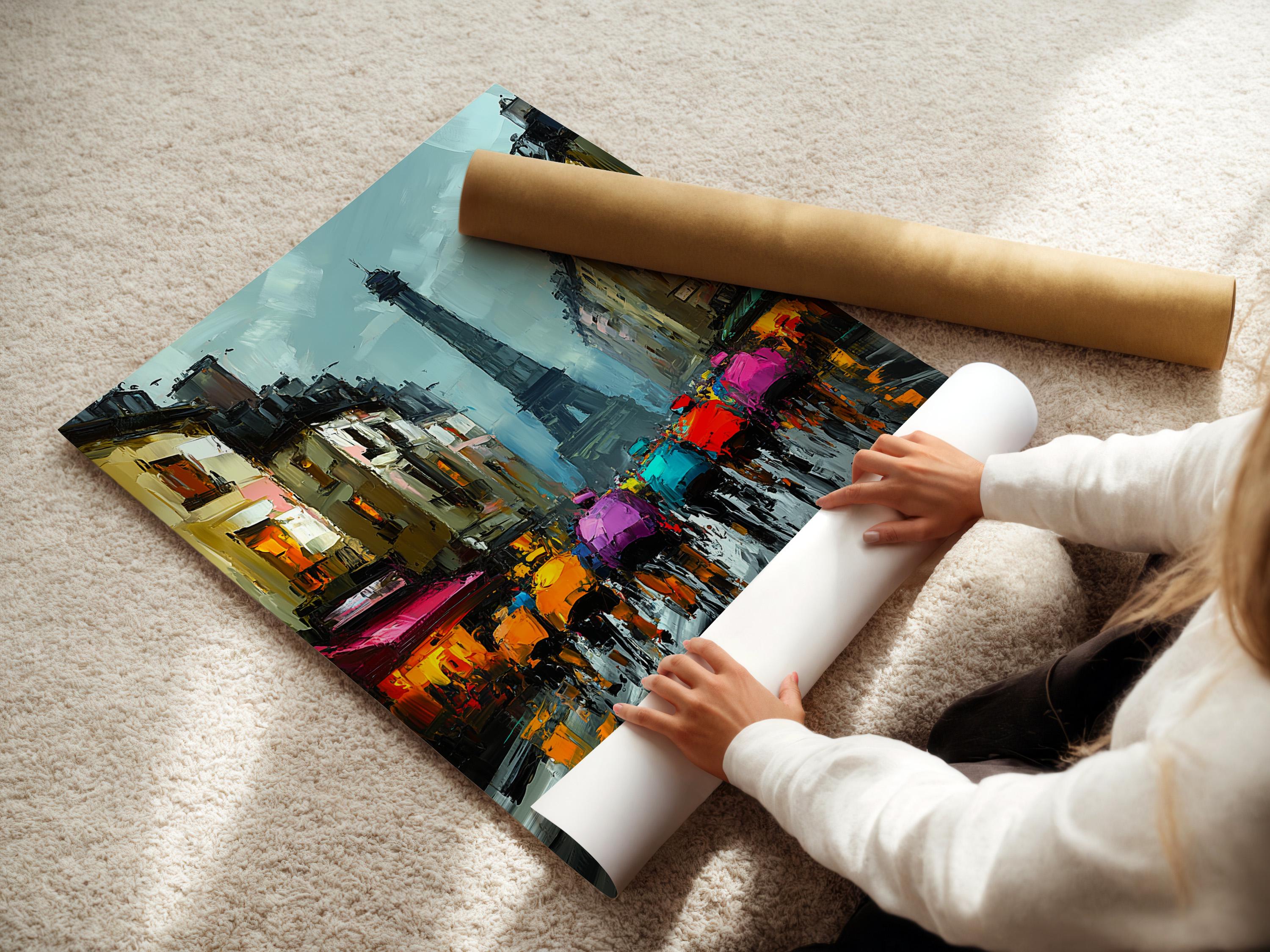 Wall mockup showing a framed Paris tower cityscape artwork with blue and pink colours