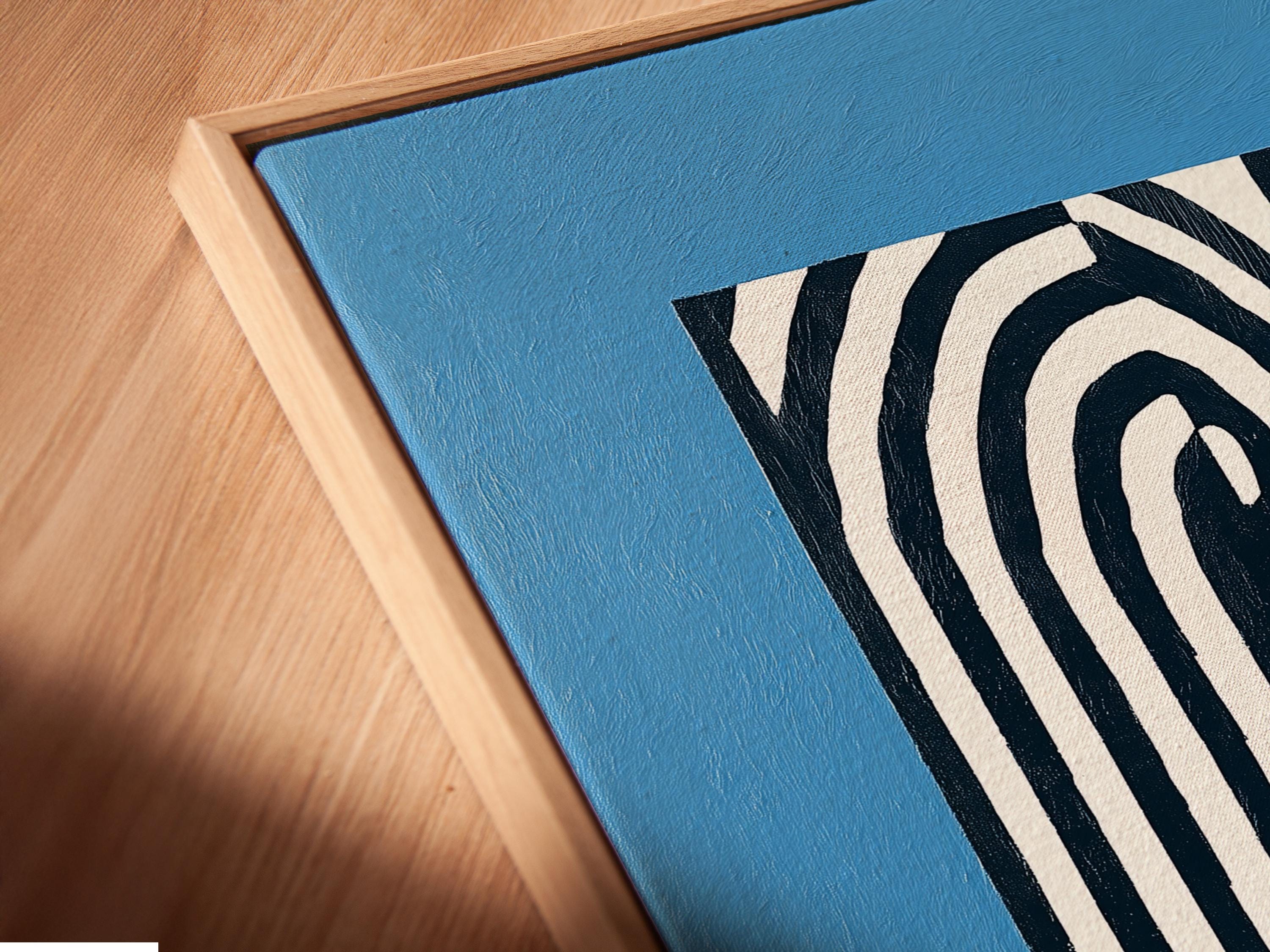 Abstract blue artwork with black and white vertical stripes and curved concentric lines detail view
