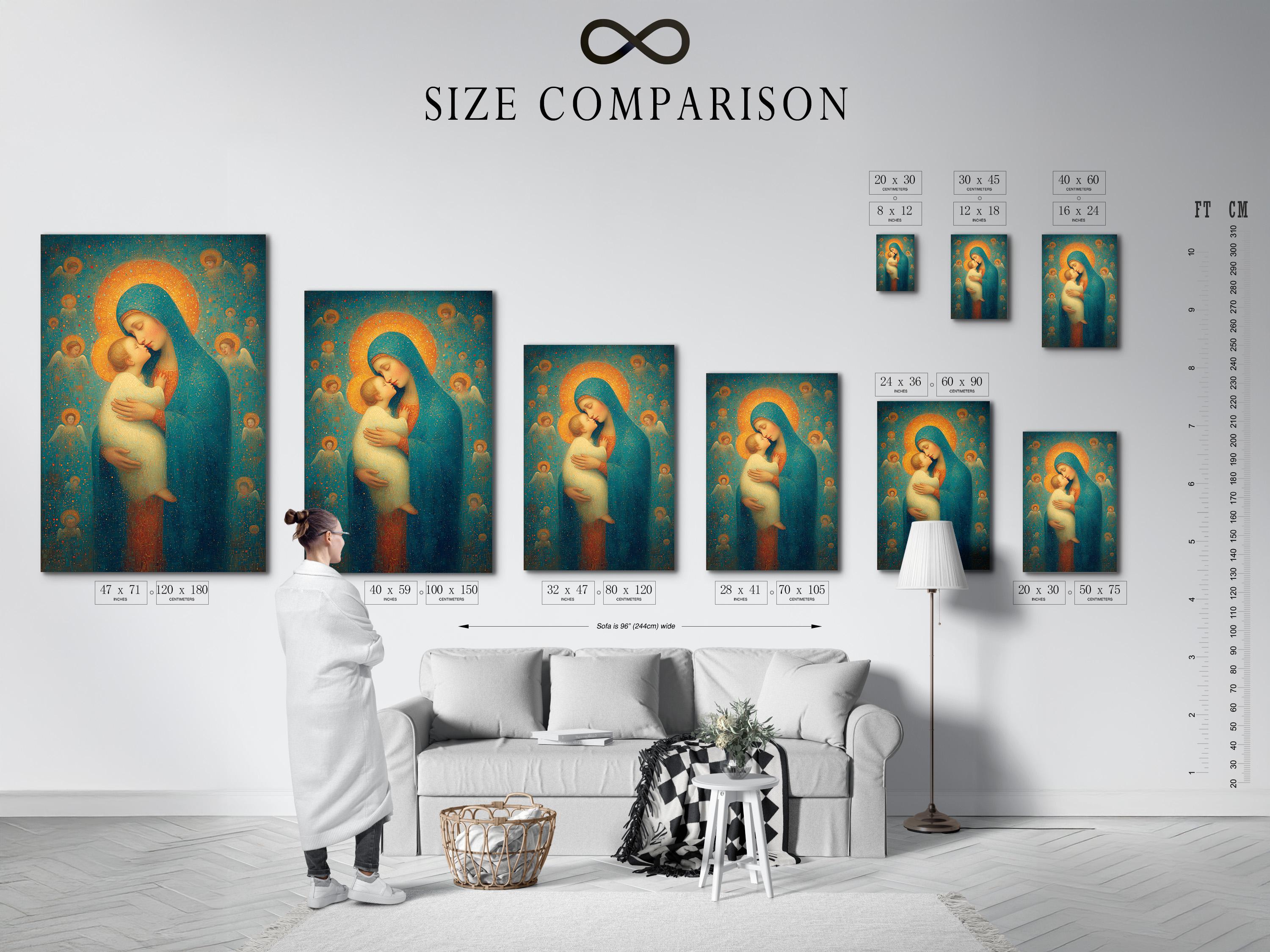 Religious painting of a haloed woman holding a haloed child against a teal and gold speckled background detail view