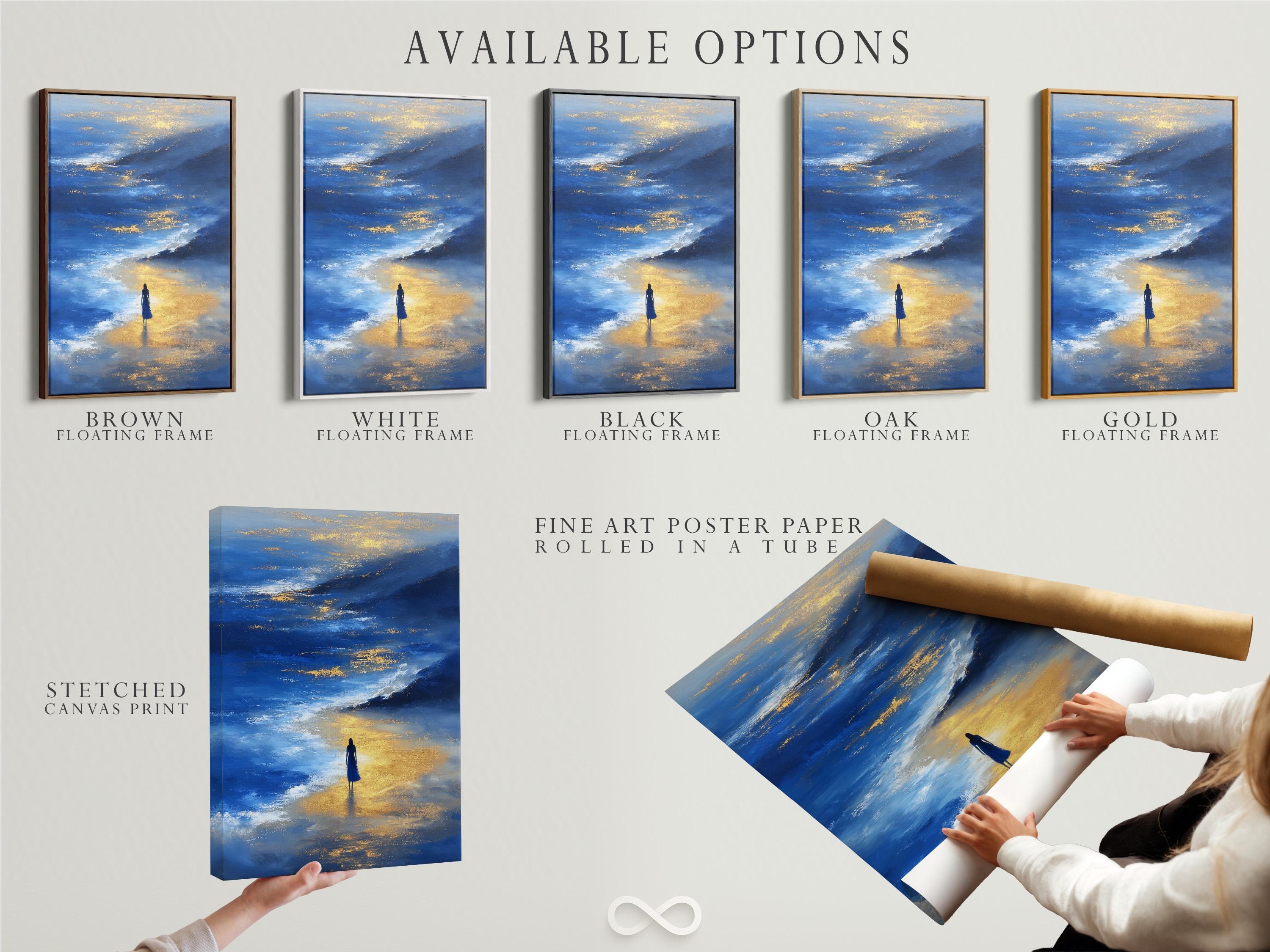 Blue and gold seascape artwork with layered ocean waves, a solitary figure, and a reflection detail view