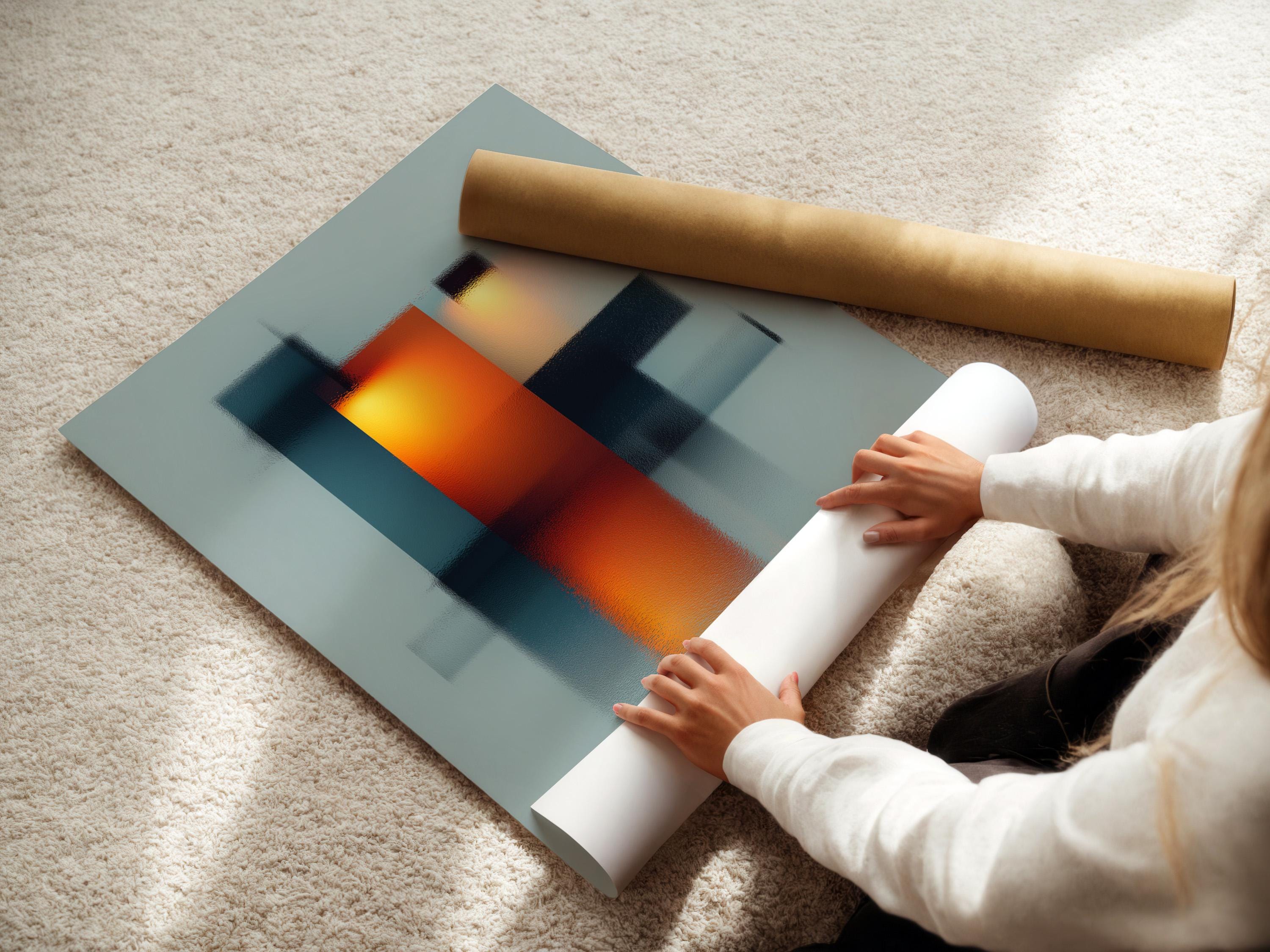 Room mockup showing a framed abstract geometric artwork with teal, deep blue and orange blocks
