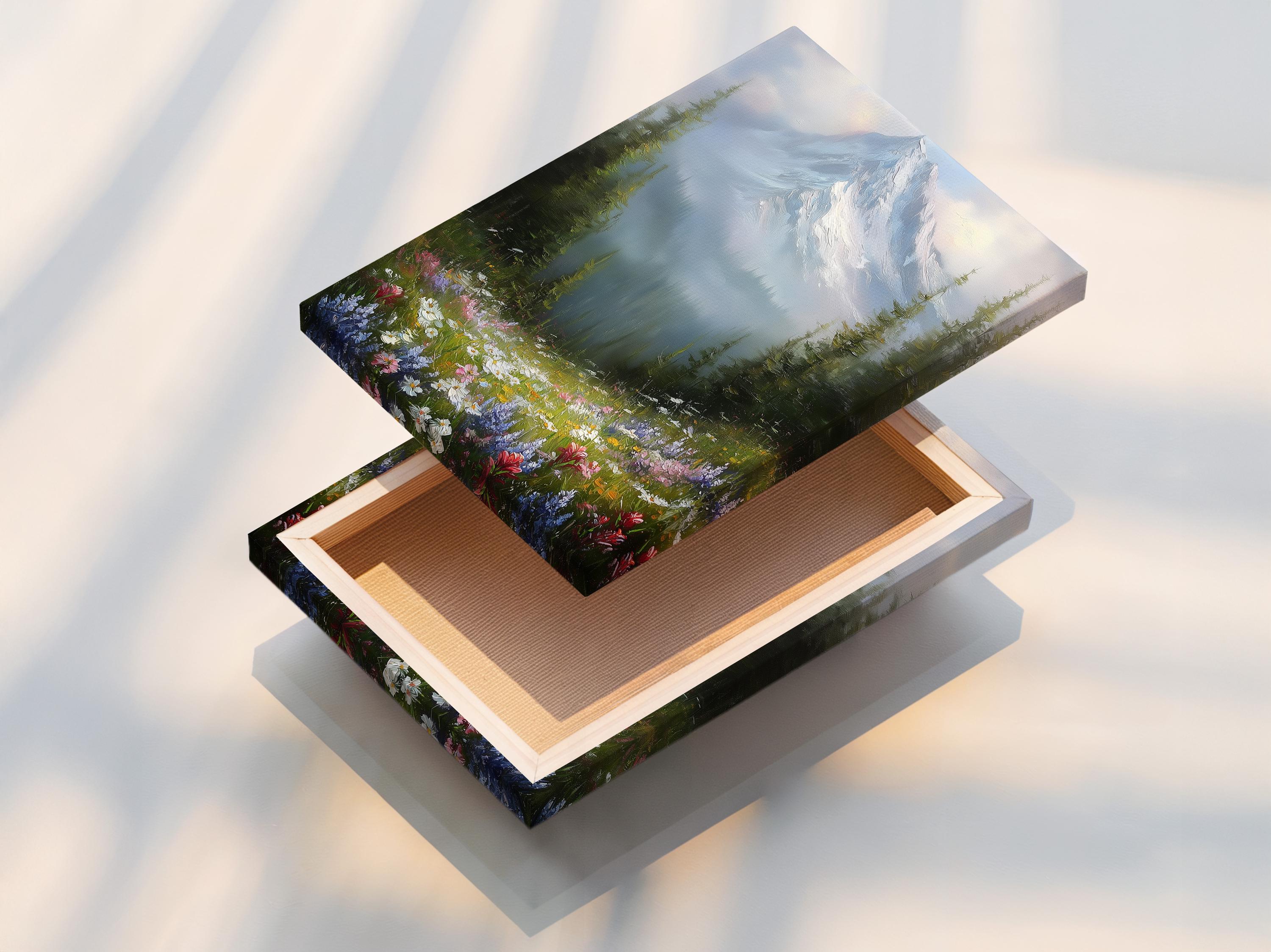 Wall mockup featuring a framed snowy mountain landscape with wildflowers and forest trees