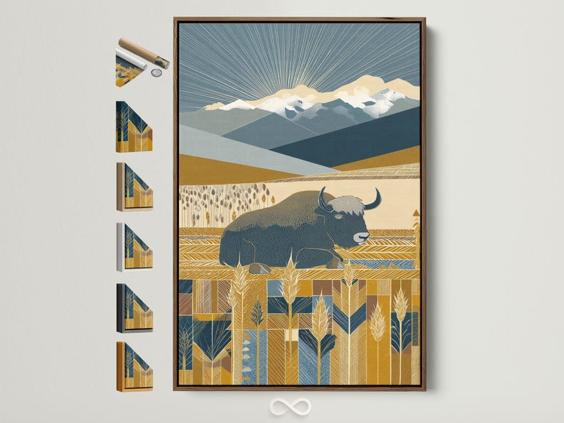 Stylised yak in ochre and navy blue mountain landscape with radiating line rays and wheat-like plants
