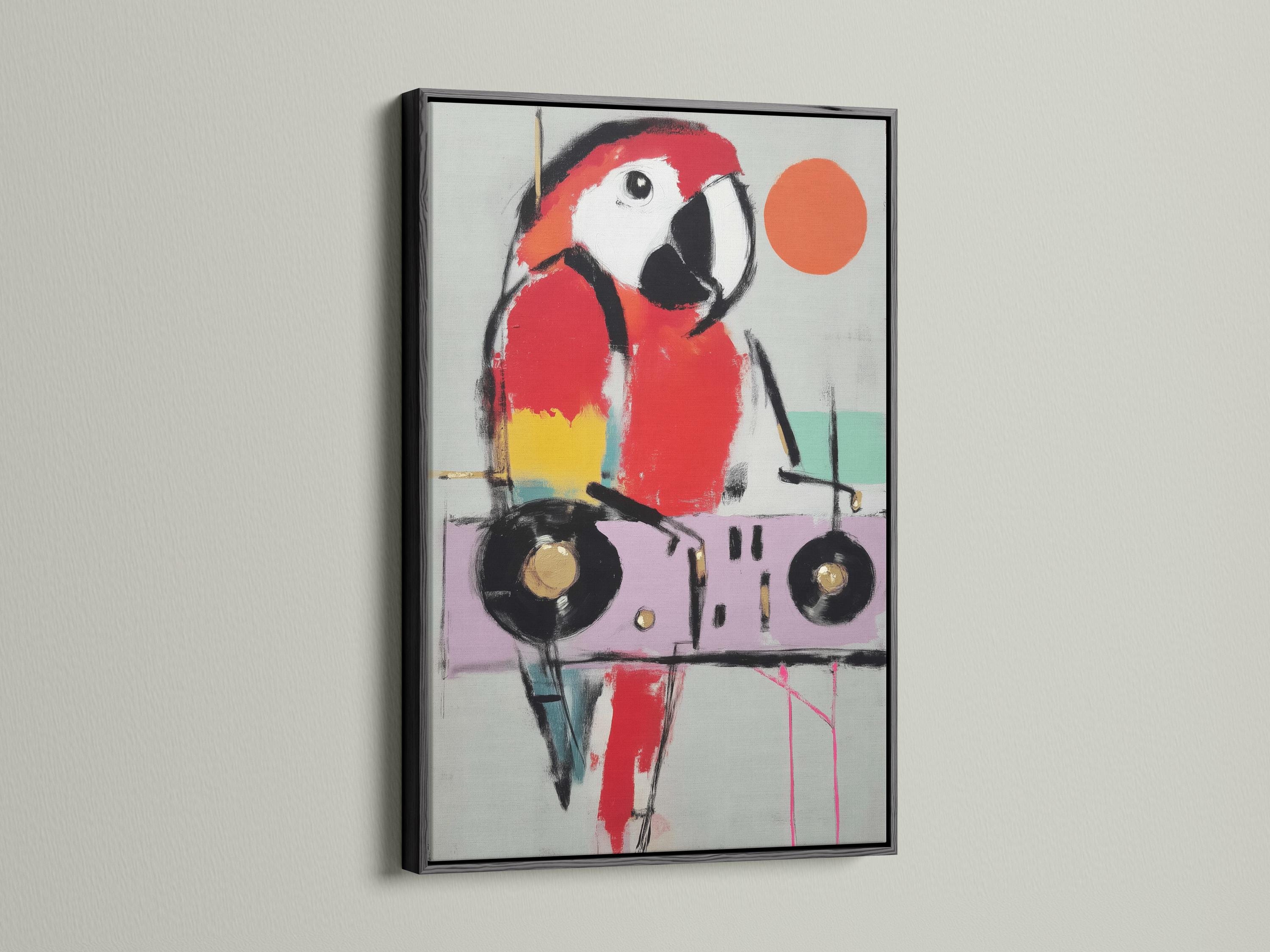Stylised parrot bird portrait in red and black with a large orange circle accent detail view