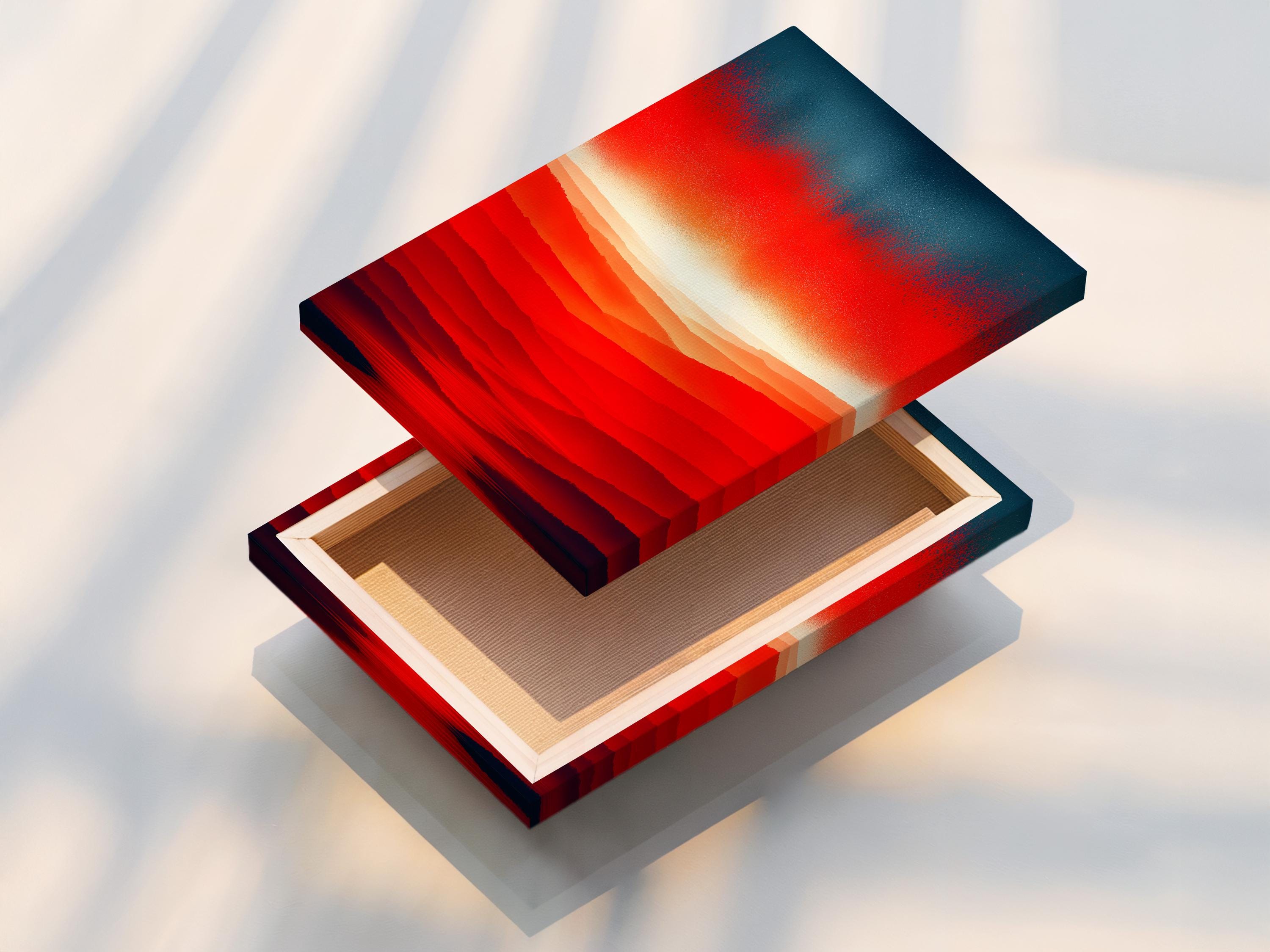Room mockup showing a red orange sunset mountain landscape artwork on a wall