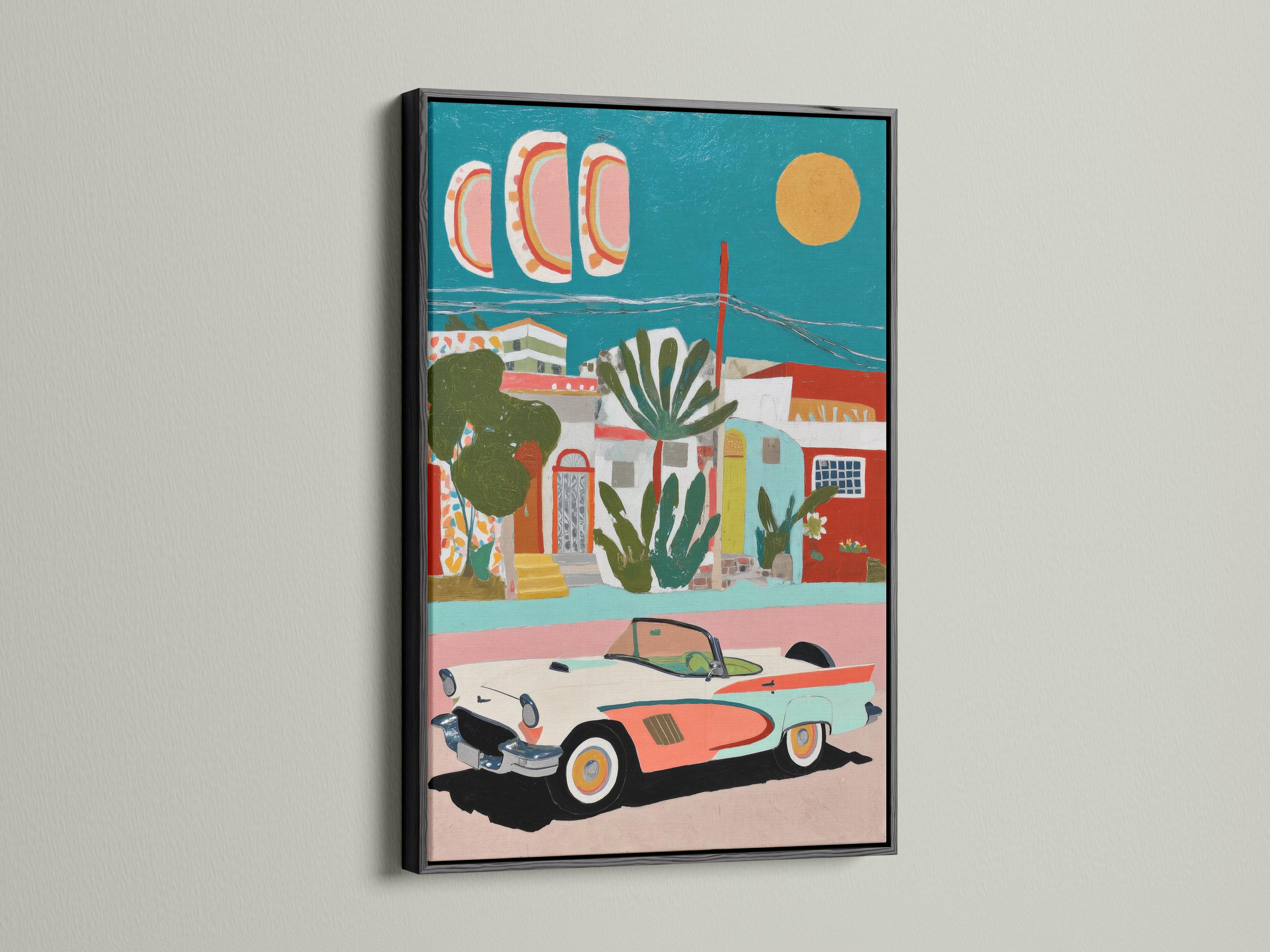 Retro car and coastal village artwork with teal sky and coral buildings detail view