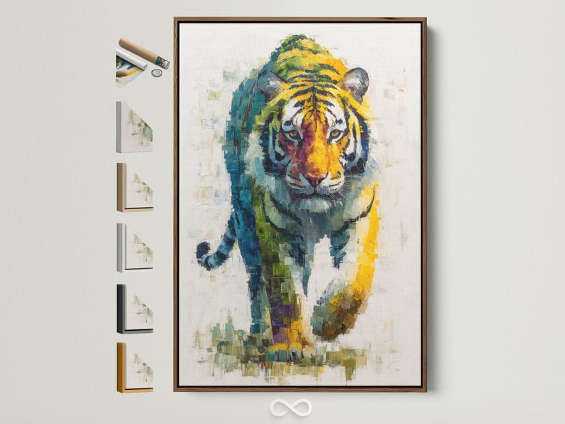 A painterly tiger portrait with layered blue, green and yellow mosaic-like brush strokes