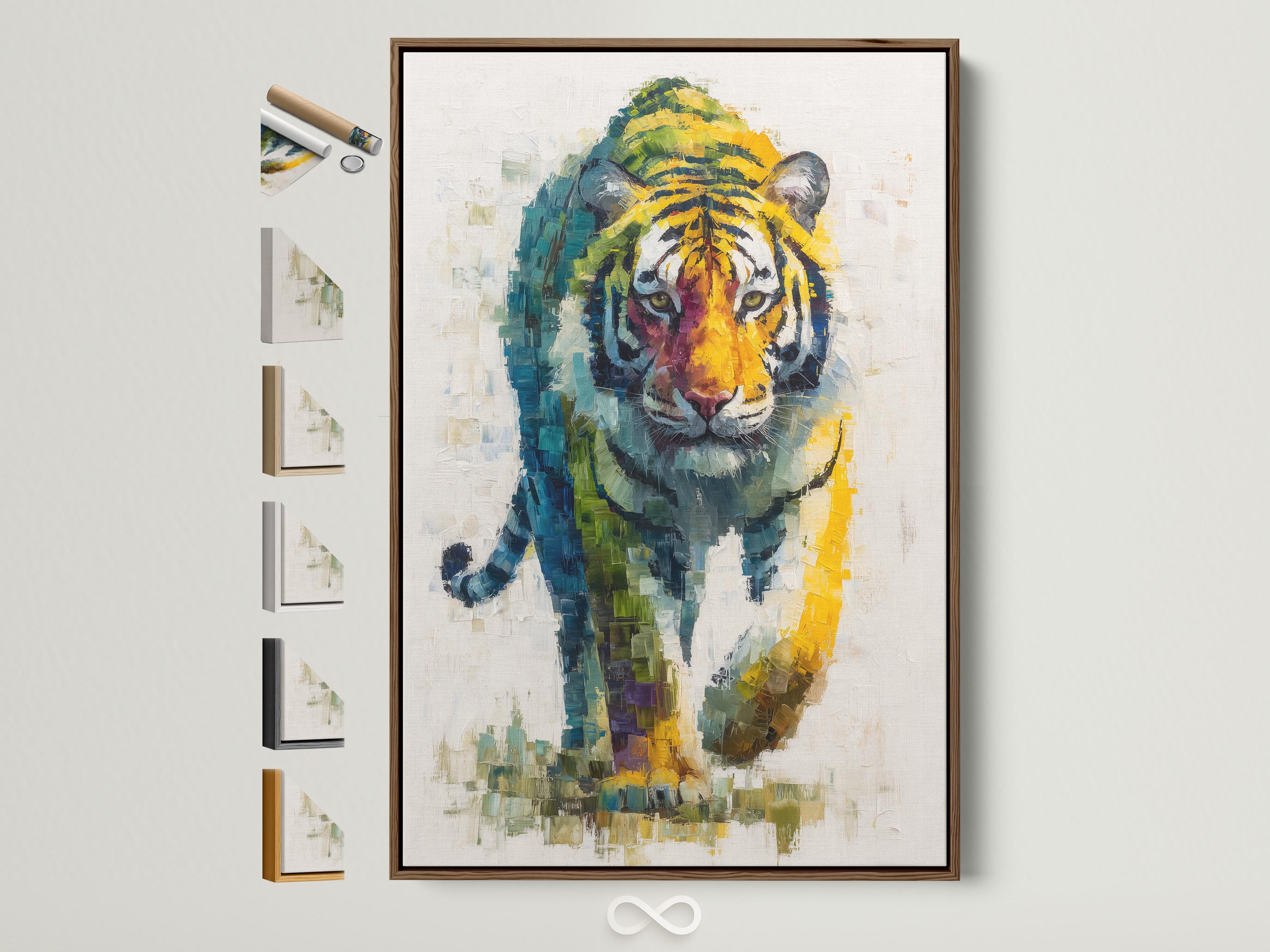A painterly tiger portrait with layered blue, green and yellow mosaic-like brush strokes