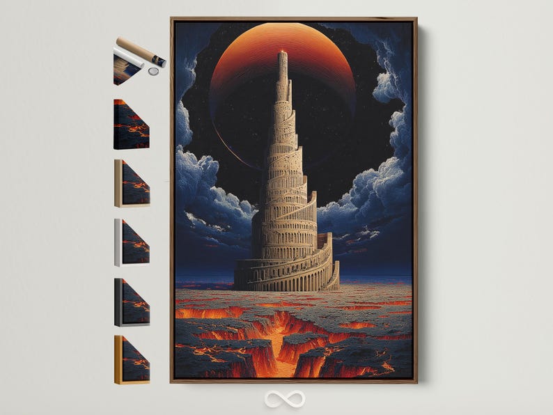 Surreal tall tower artwork with a red-orange sun, clouds, and a lava-like landscape