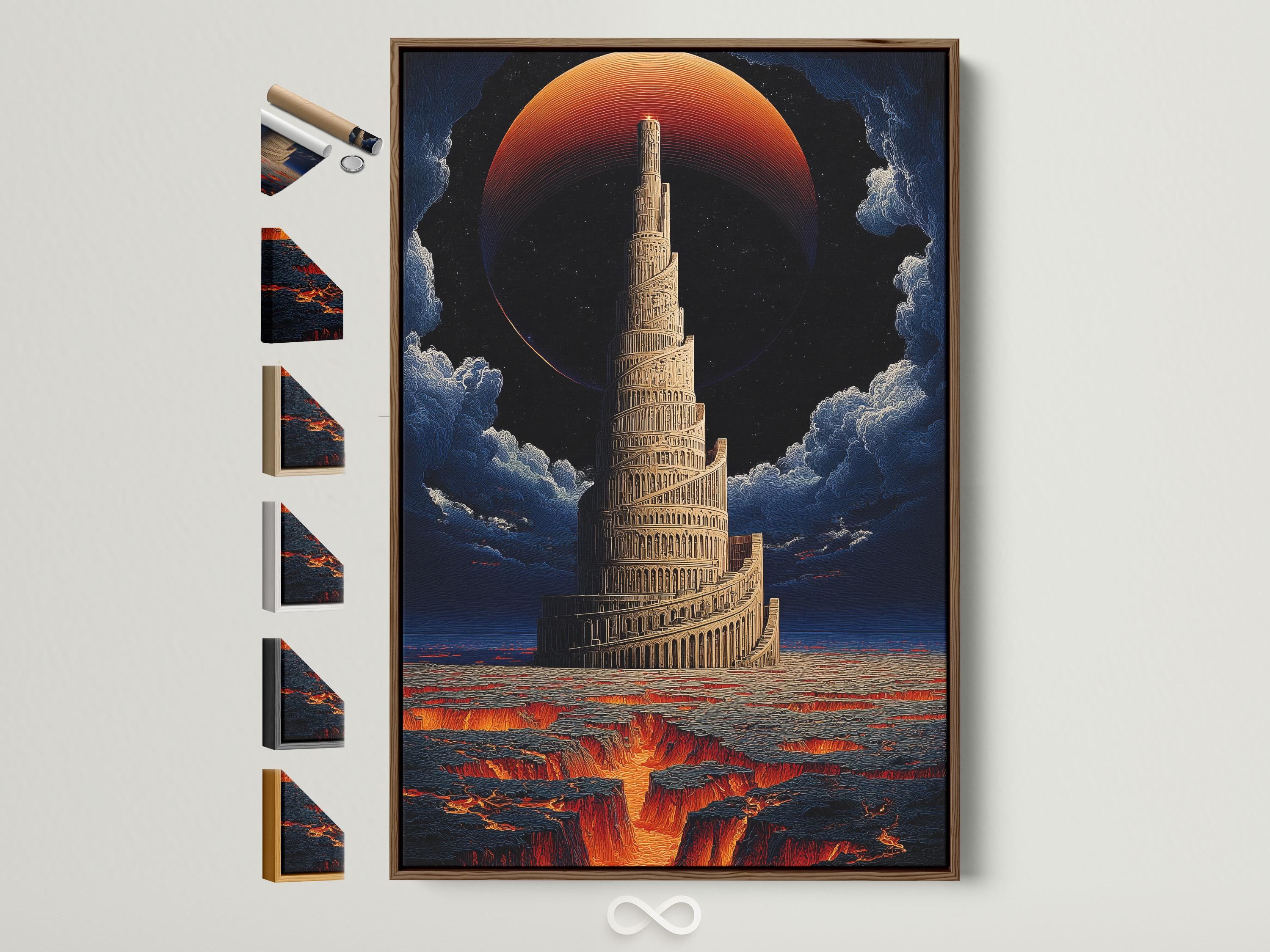 Surreal tall tower artwork with a red-orange sun, clouds, and a lava-like landscape