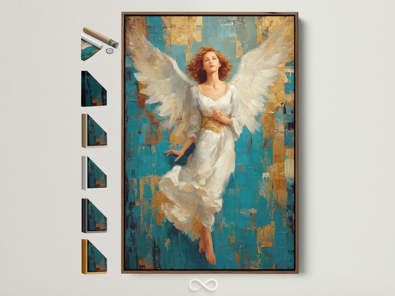 Winged angel portrait with flowing white robes against a teal and gold textured background