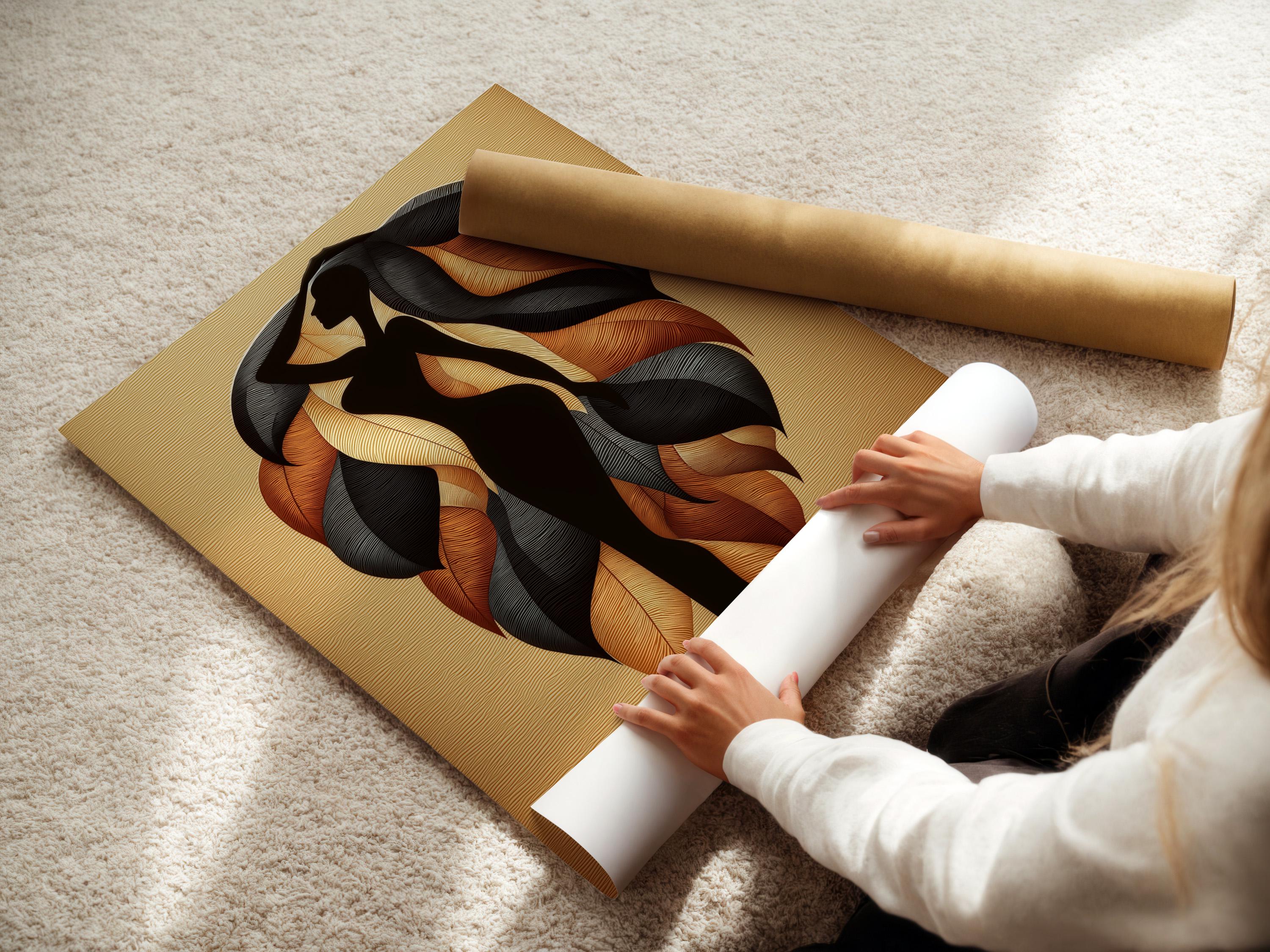 Leaf silhouette artwork with a dark figure shape and swirling burnt orange leaf forms on a beige textured background detail view