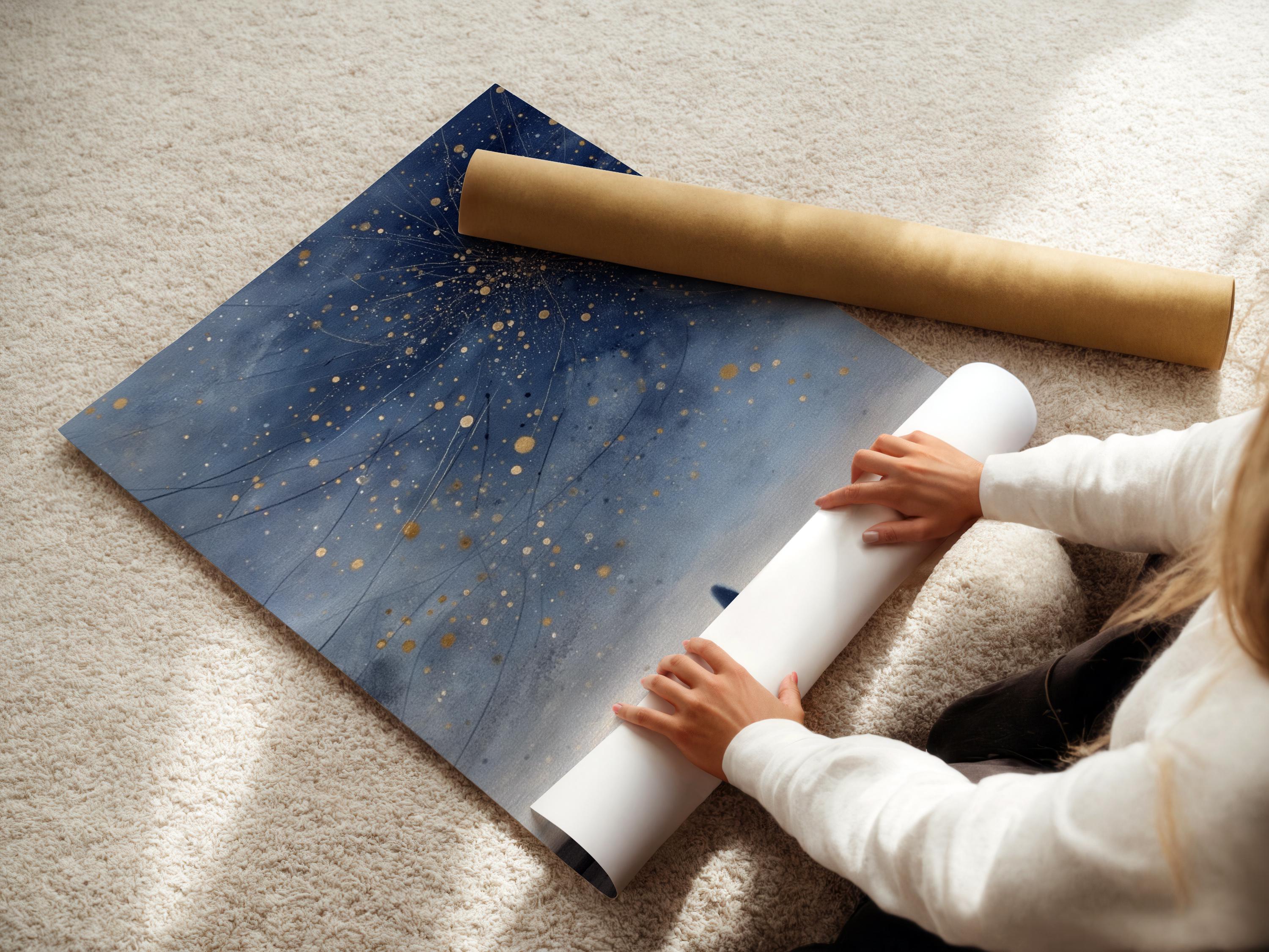 Room mockup showing framed navy blue starry night artwork with golden star dots and cosmic lines