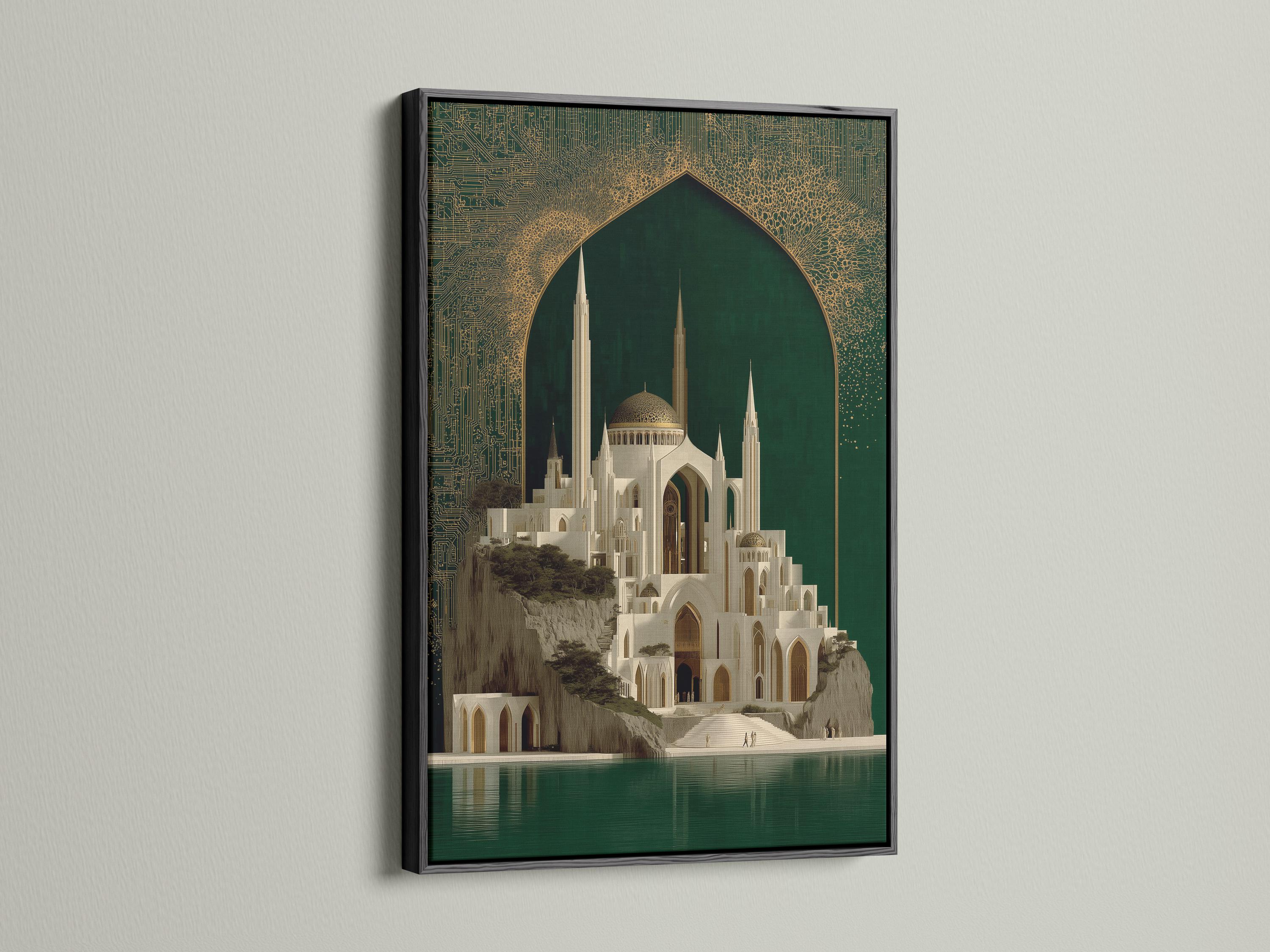 Framed mosque architecture artwork with emerald green background and gold ornate arch design detail view