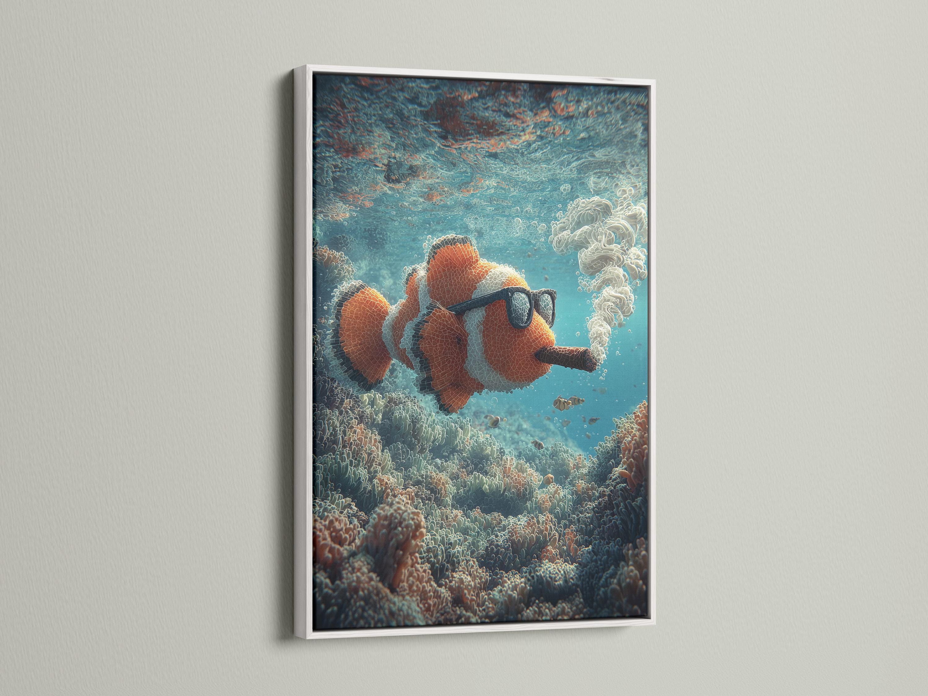 Underwater illustration of a clownfish wearing dark glasses and holding a cigar among coral and bubbles detail view