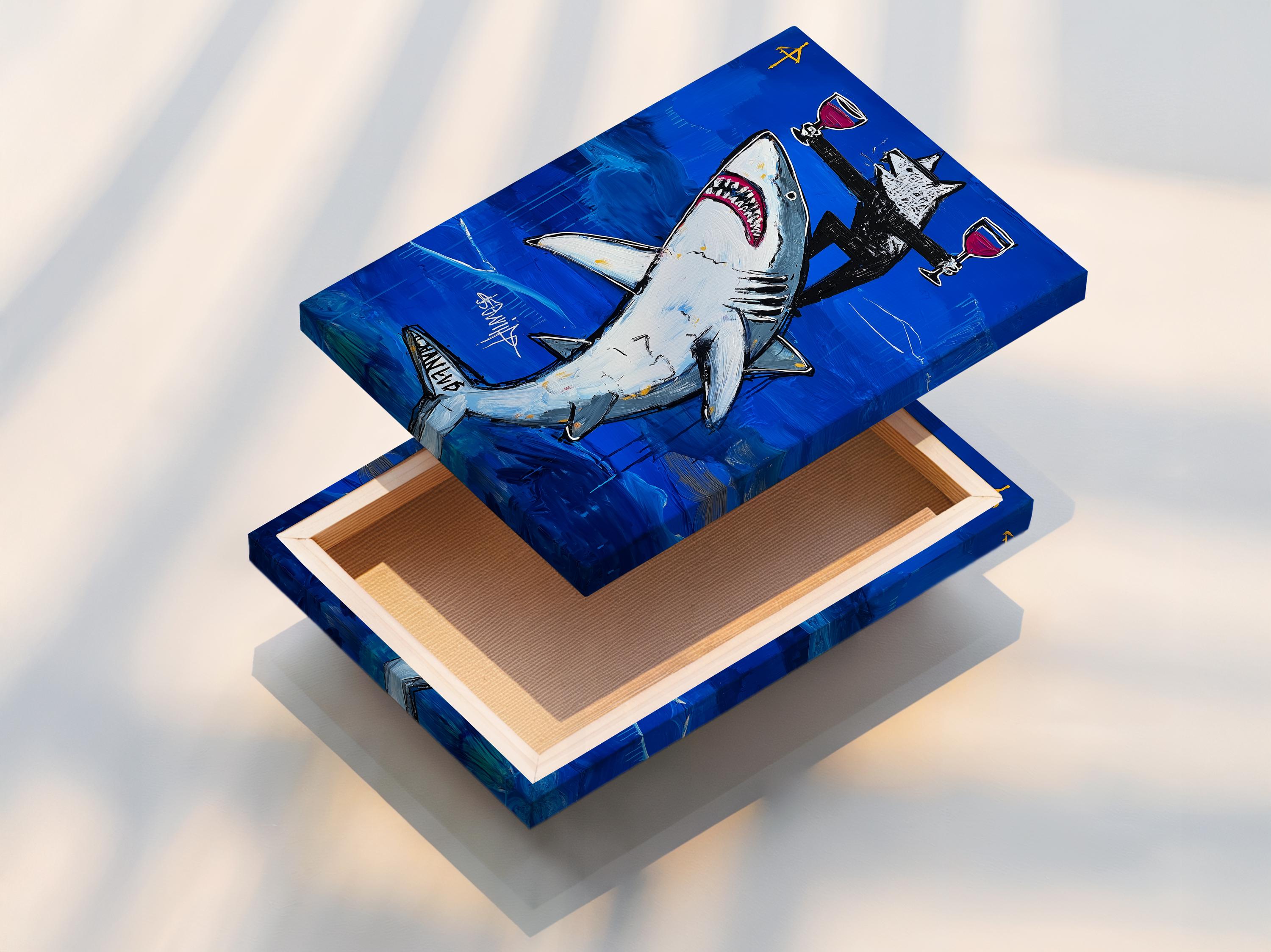 Stylised shark swimming in deep blue ocean with a wolf and trophy goblets detail view