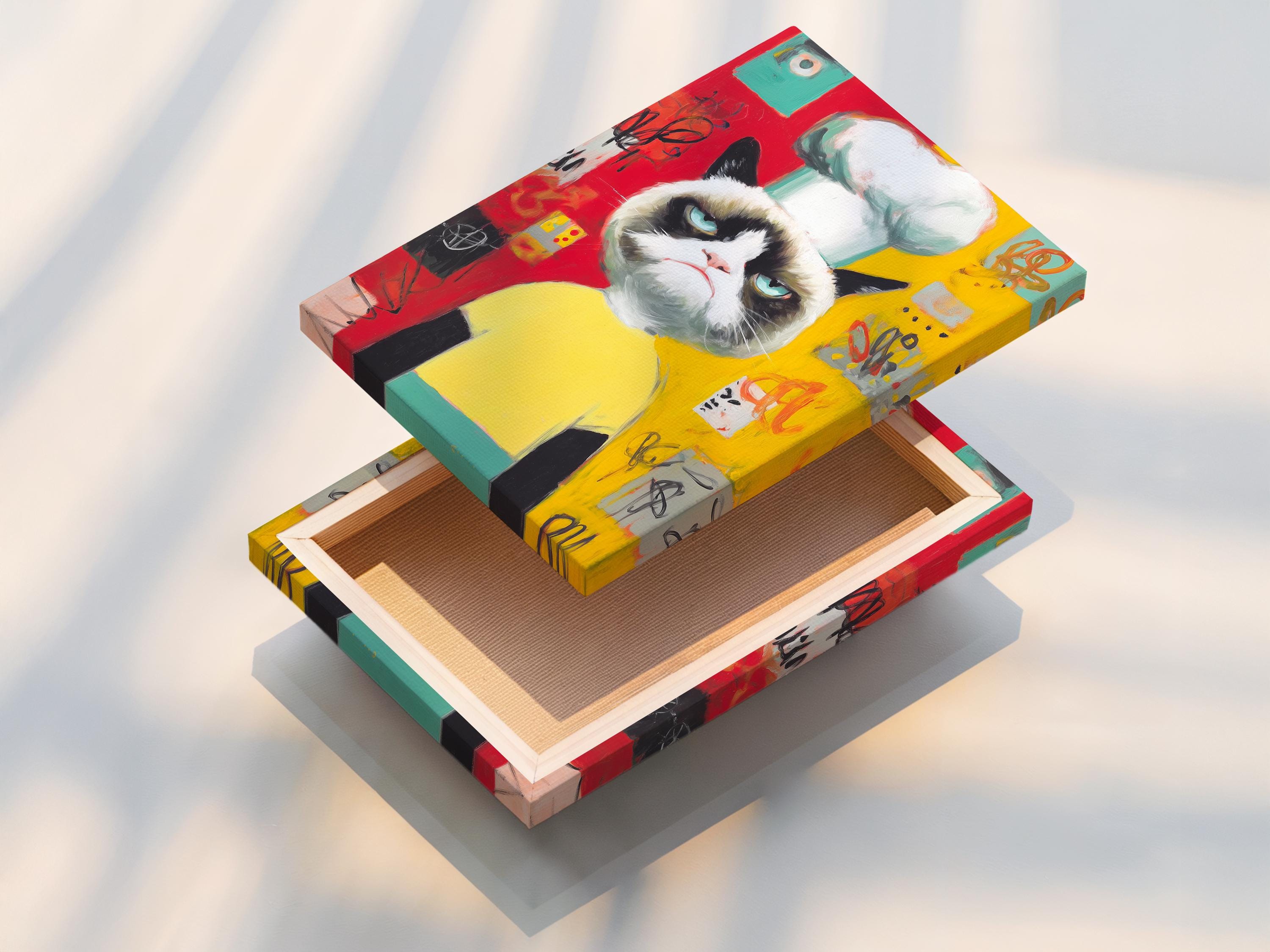 Pop art style grumpy cat wearing a yellow chef outfit with blue-green eyes detail view