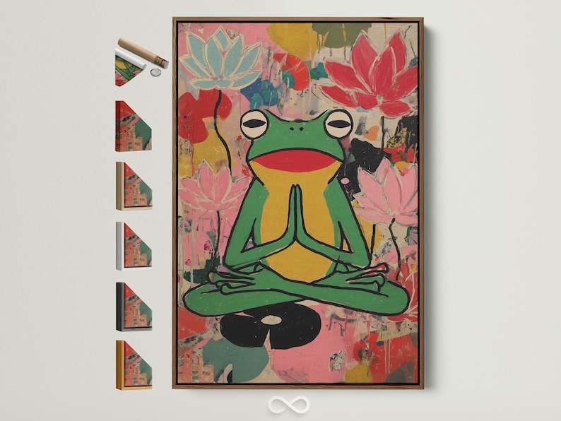 Stylised green frog meditating with pink lotus flowers in a colourful collage background