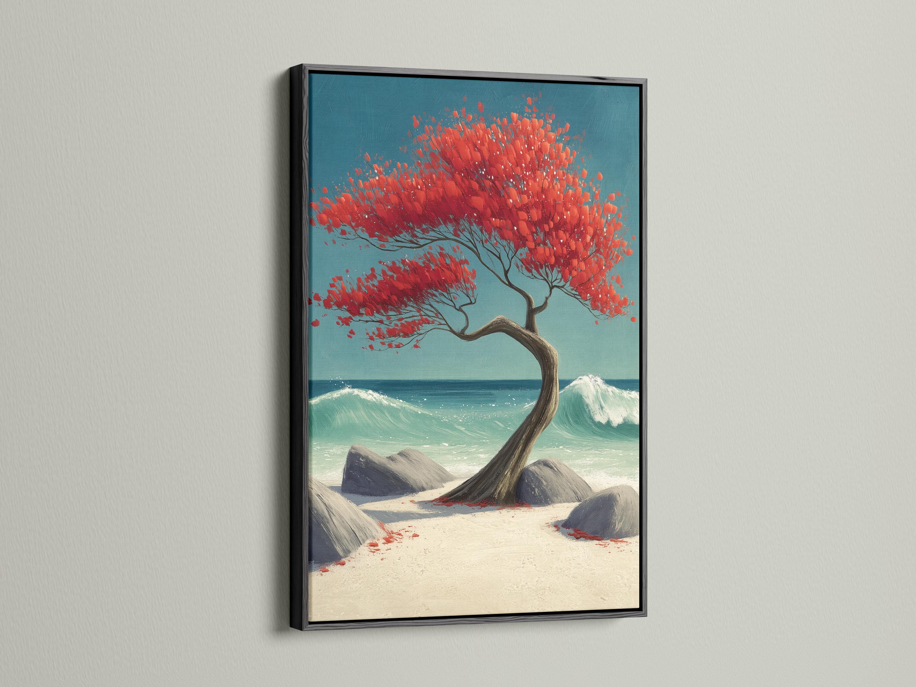 Red tree with spreading branches on a turquoise ocean beach with rocks and foamy waves detail view