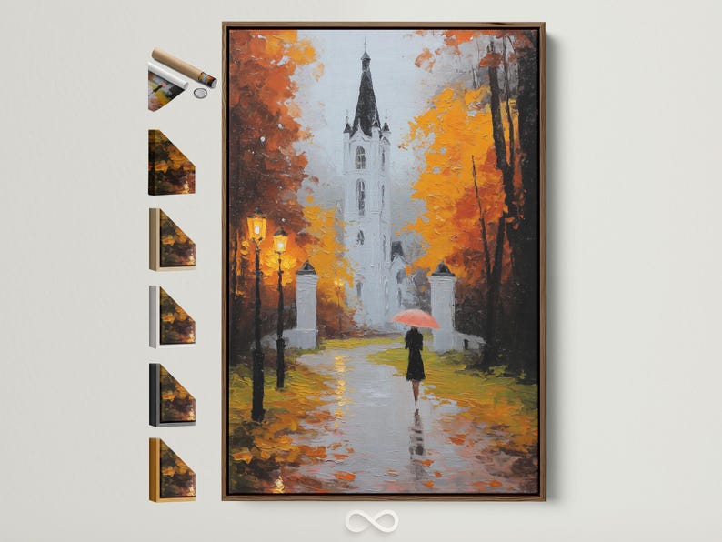 Painterly autumn street scene with a white church, orange leaves, and a figure holding a red umbrella