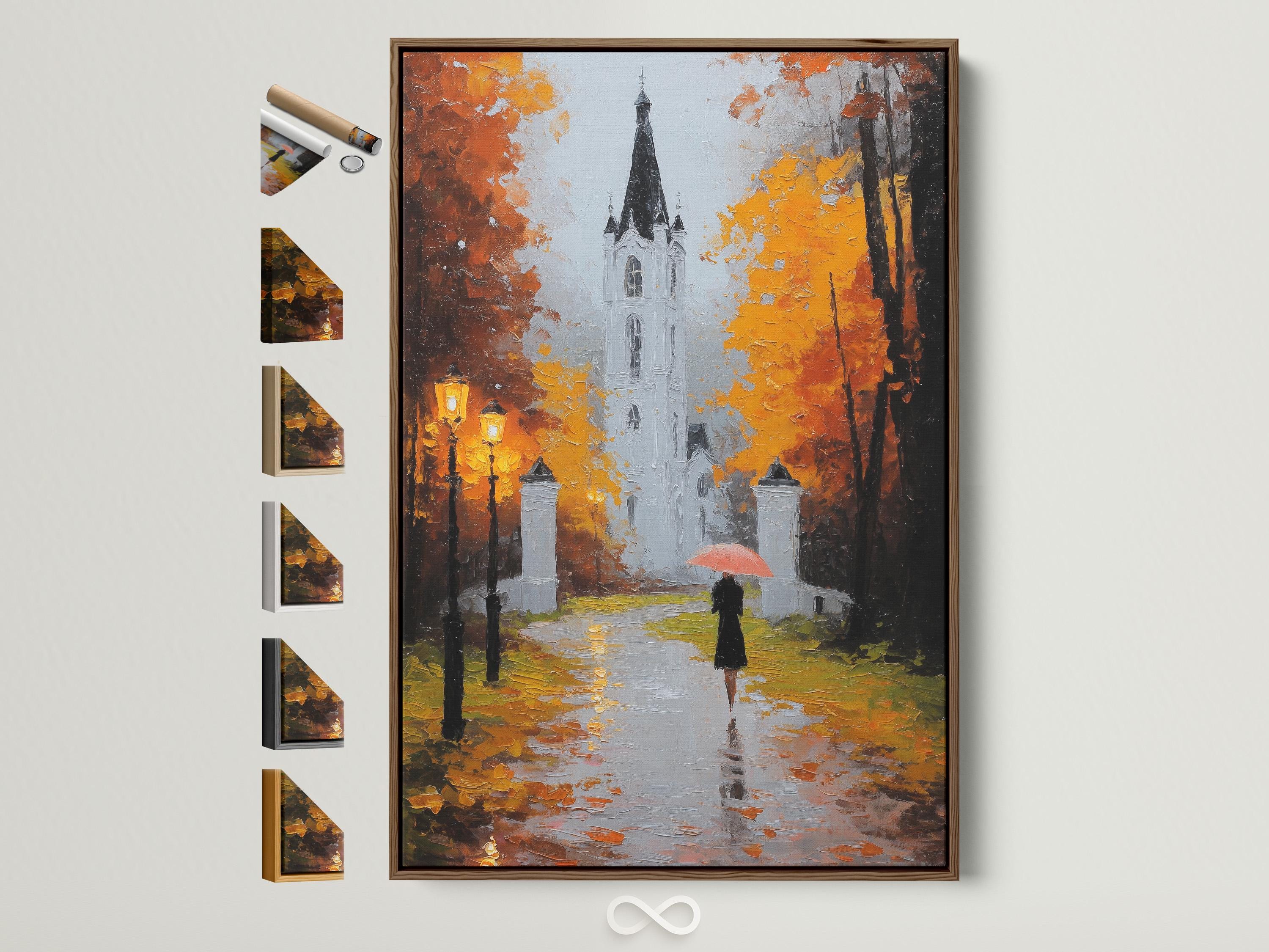 Painterly autumn street scene with a white church, orange leaves, and a figure holding a red umbrella