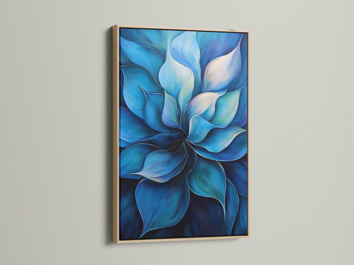 Blue abstract botanical artwork with layered petals and ivory highlights detail view