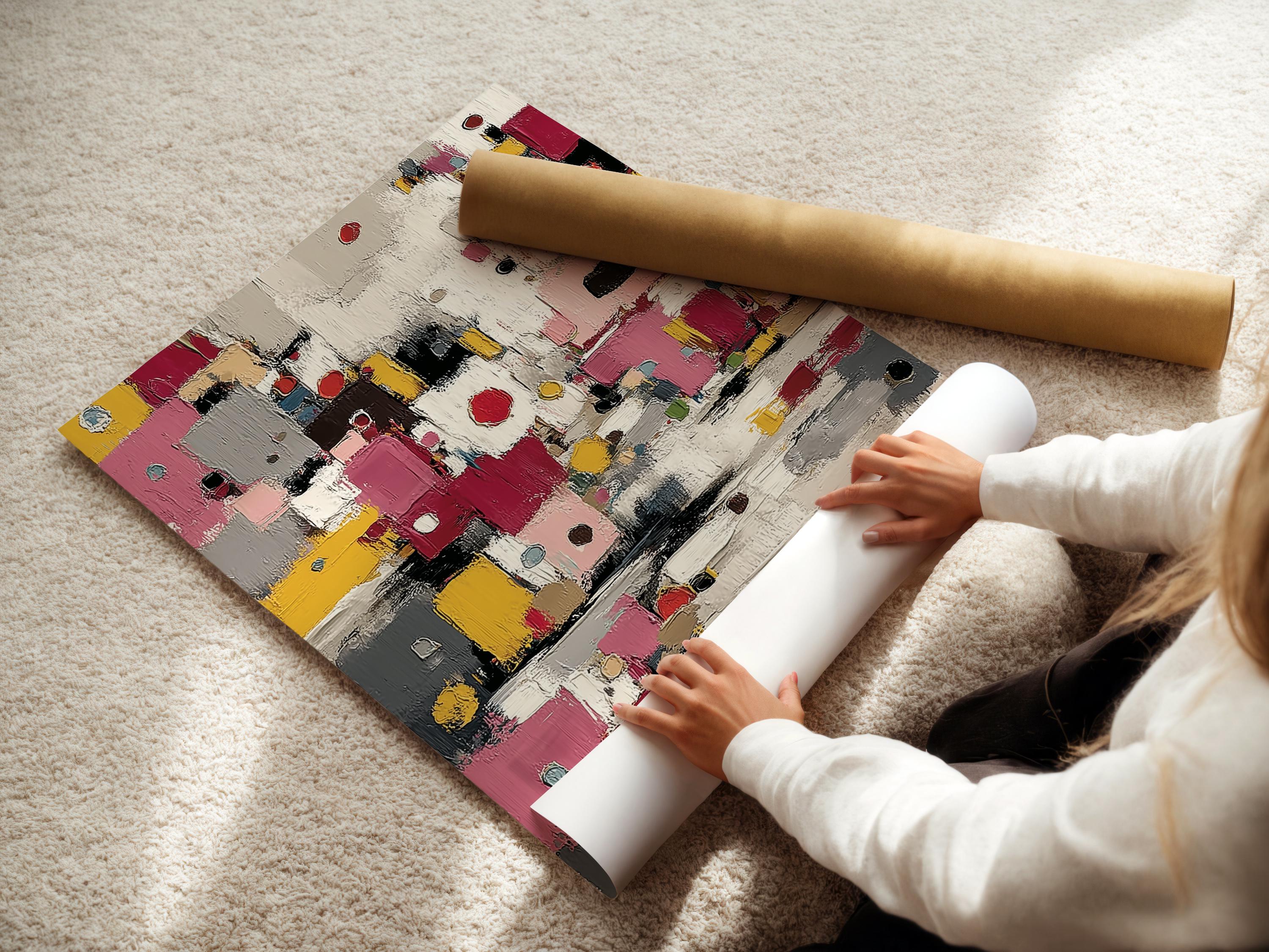 Textured abstract artwork with layered geometric blocks in pink, yellow, grey and black detail view
