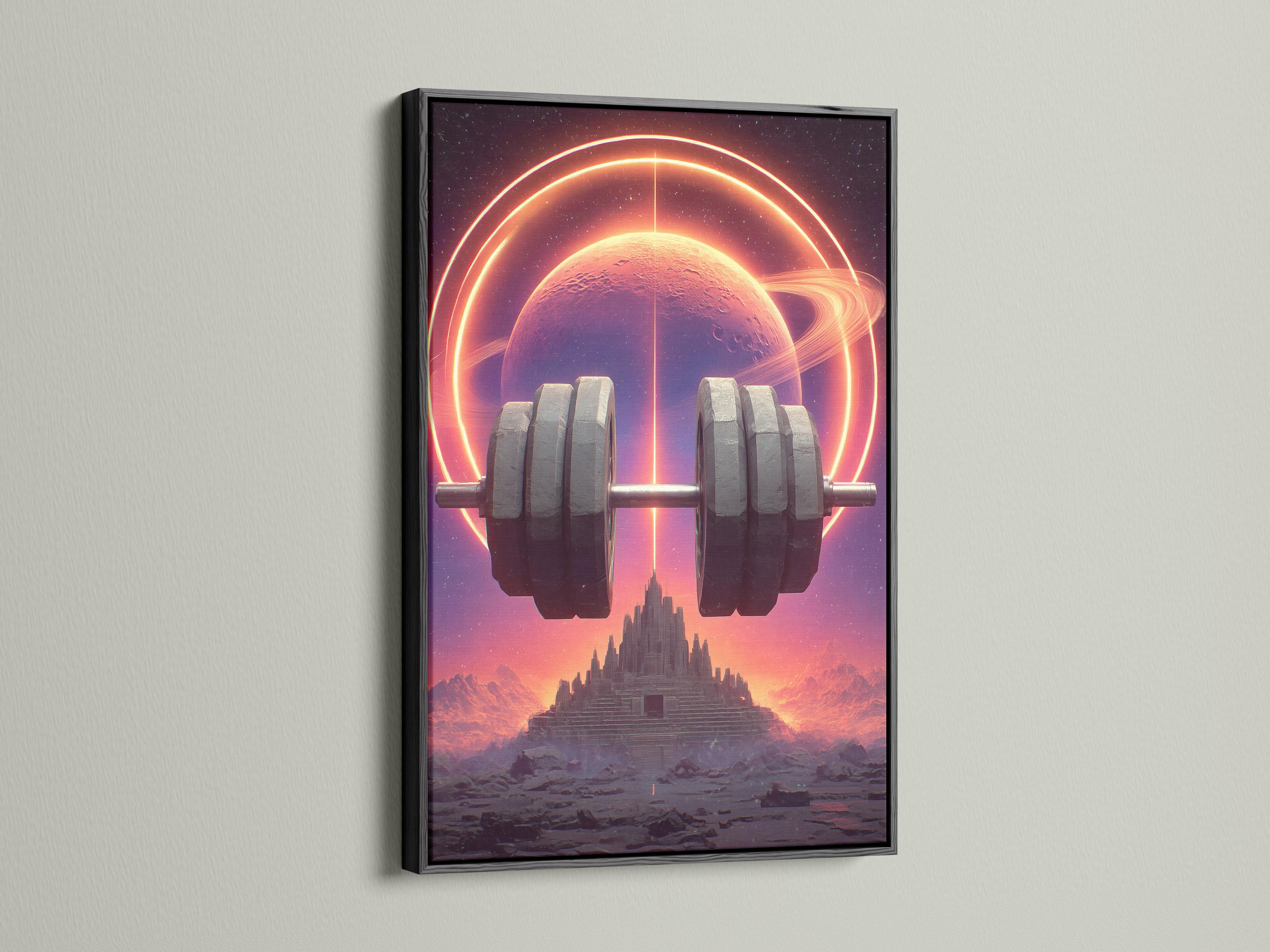 Futuristic gym wall art artwork mockup with neon planet and barbell