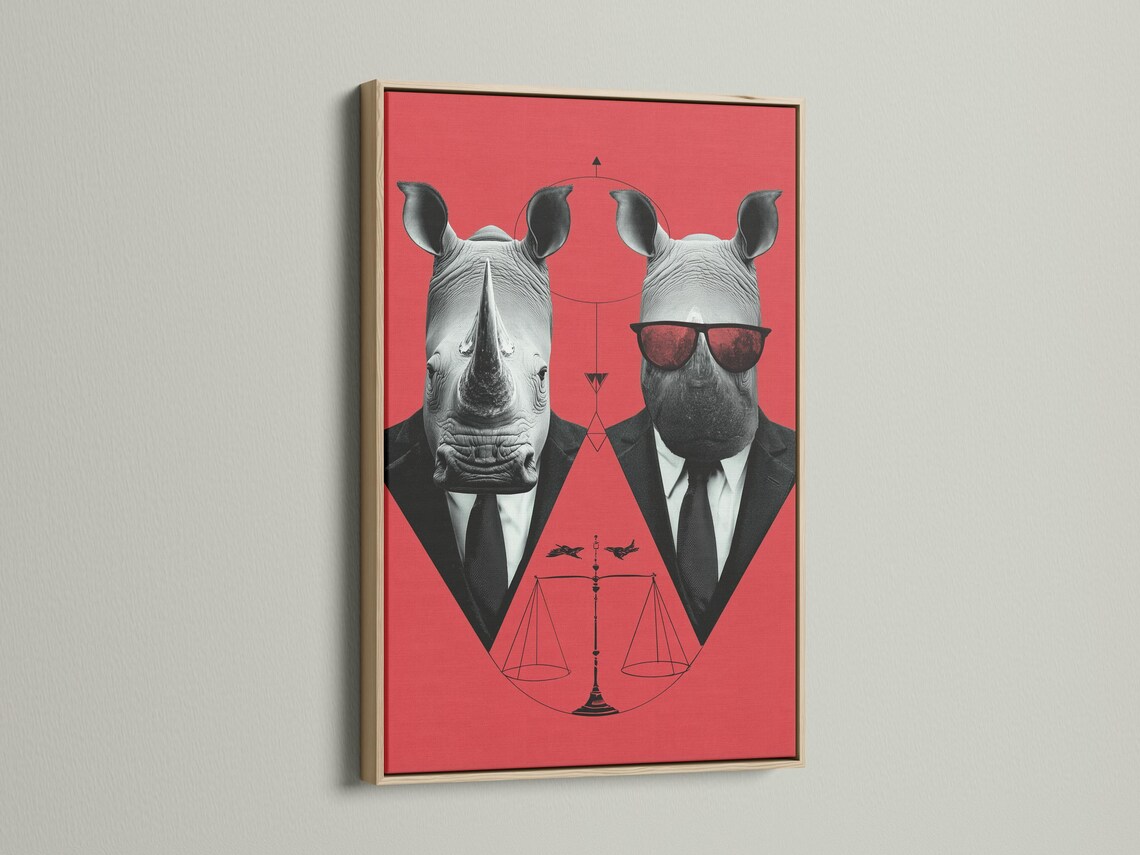A stylised rhino duo in suits wears red sunglasses against a coral backdrop, with a red hourglass-like symbol and thin geometric lines below detail