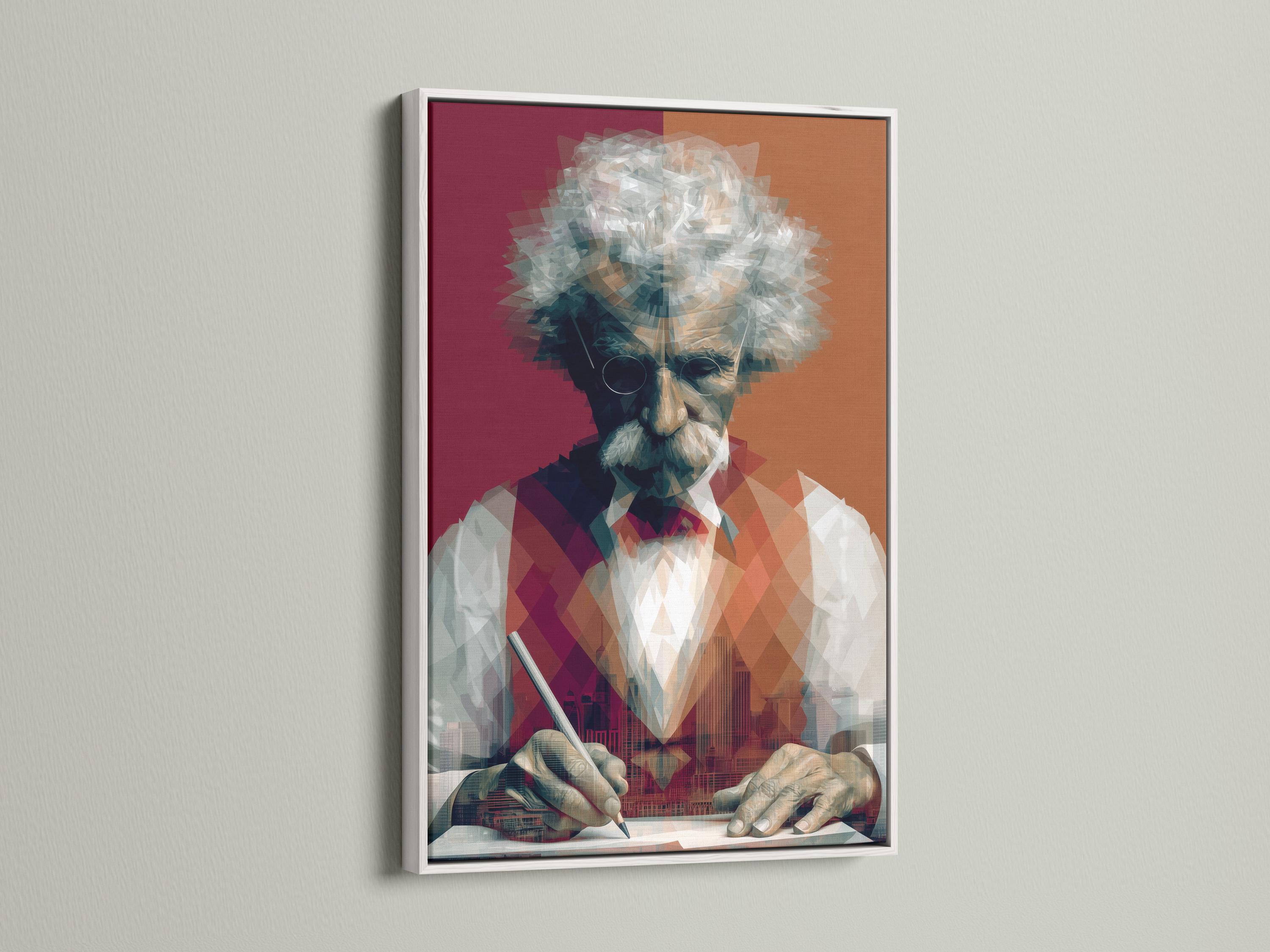 Geometric portrait of a writer in a hat and glasses holding a pen over a desk detail view