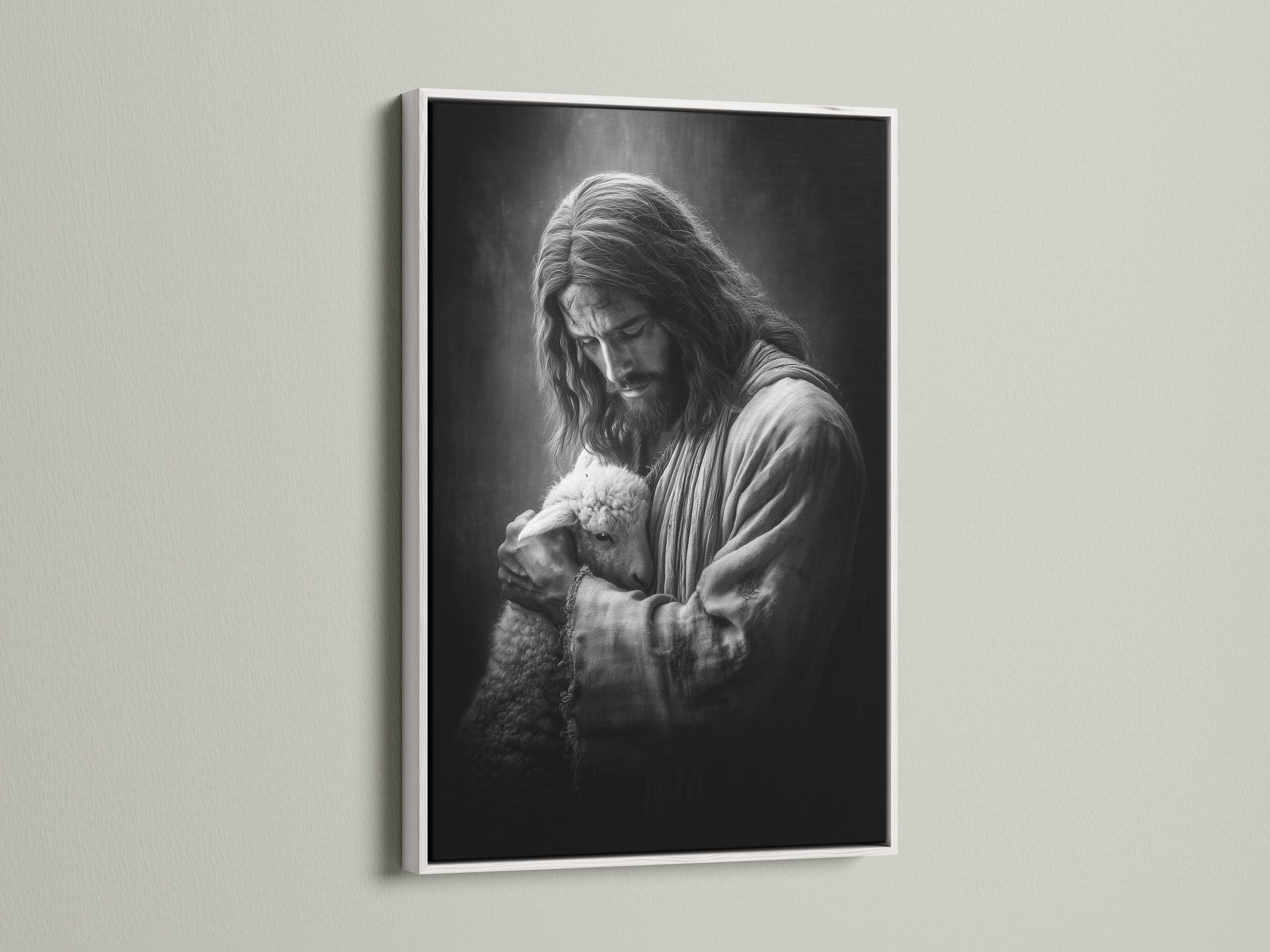 Framed black and white artwork of a shepherd holding a lamb shown on a wall mockup