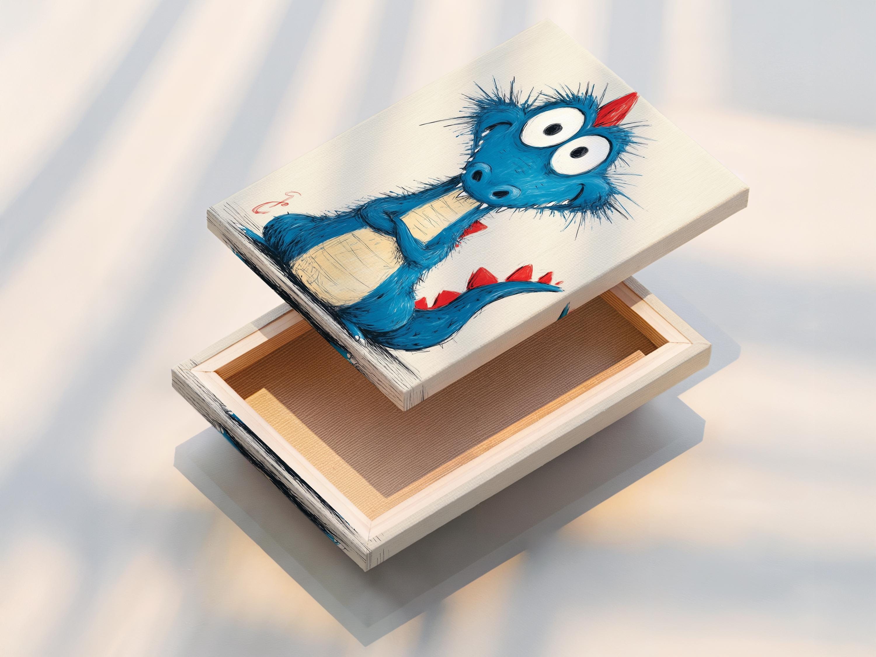 Room mockup showing a framed cartoon blue dragon artwork