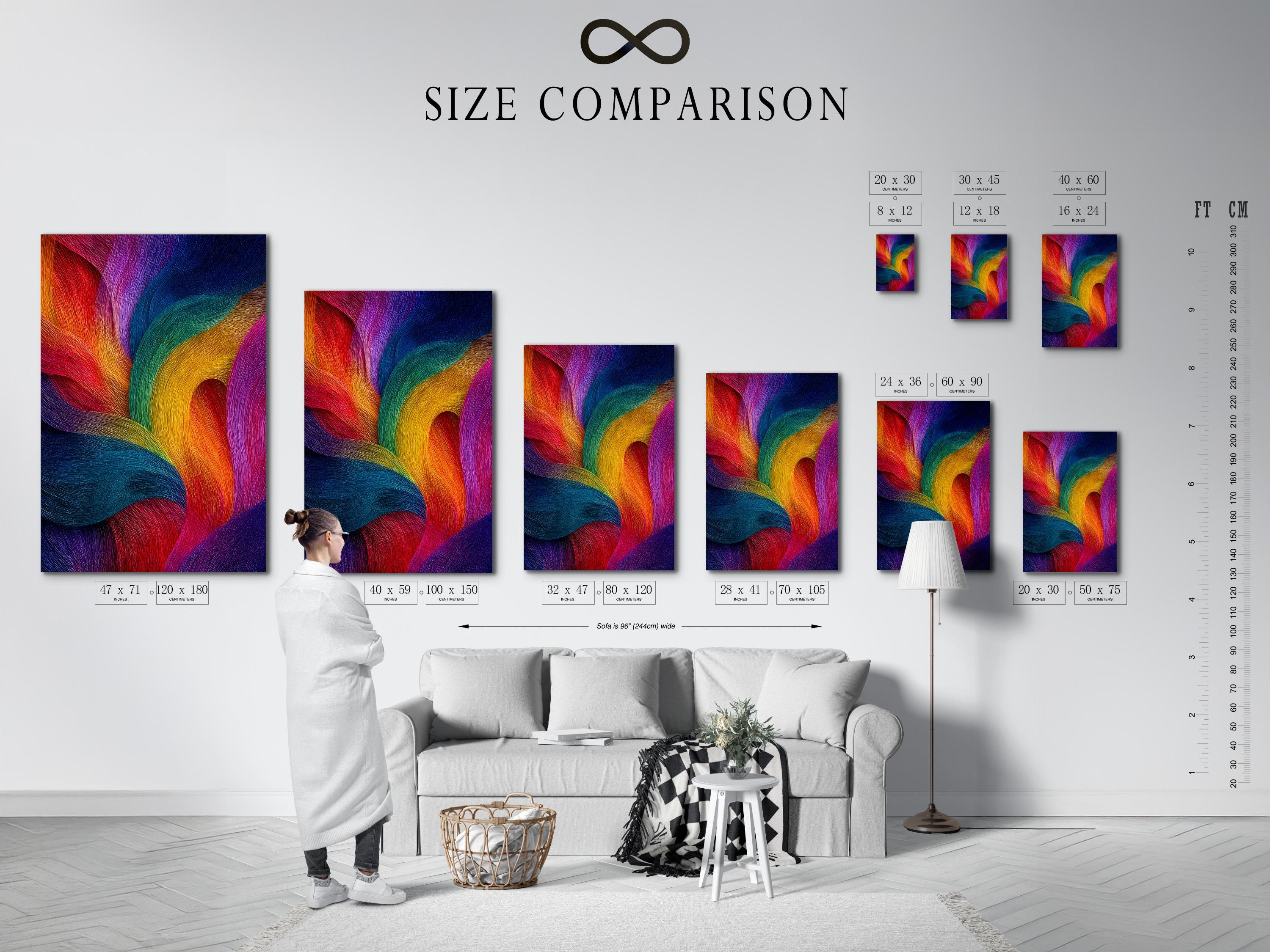 Rainbow abstract artwork with flowing curved bands in purple, blue, pink, teal, yellow and orange detail view