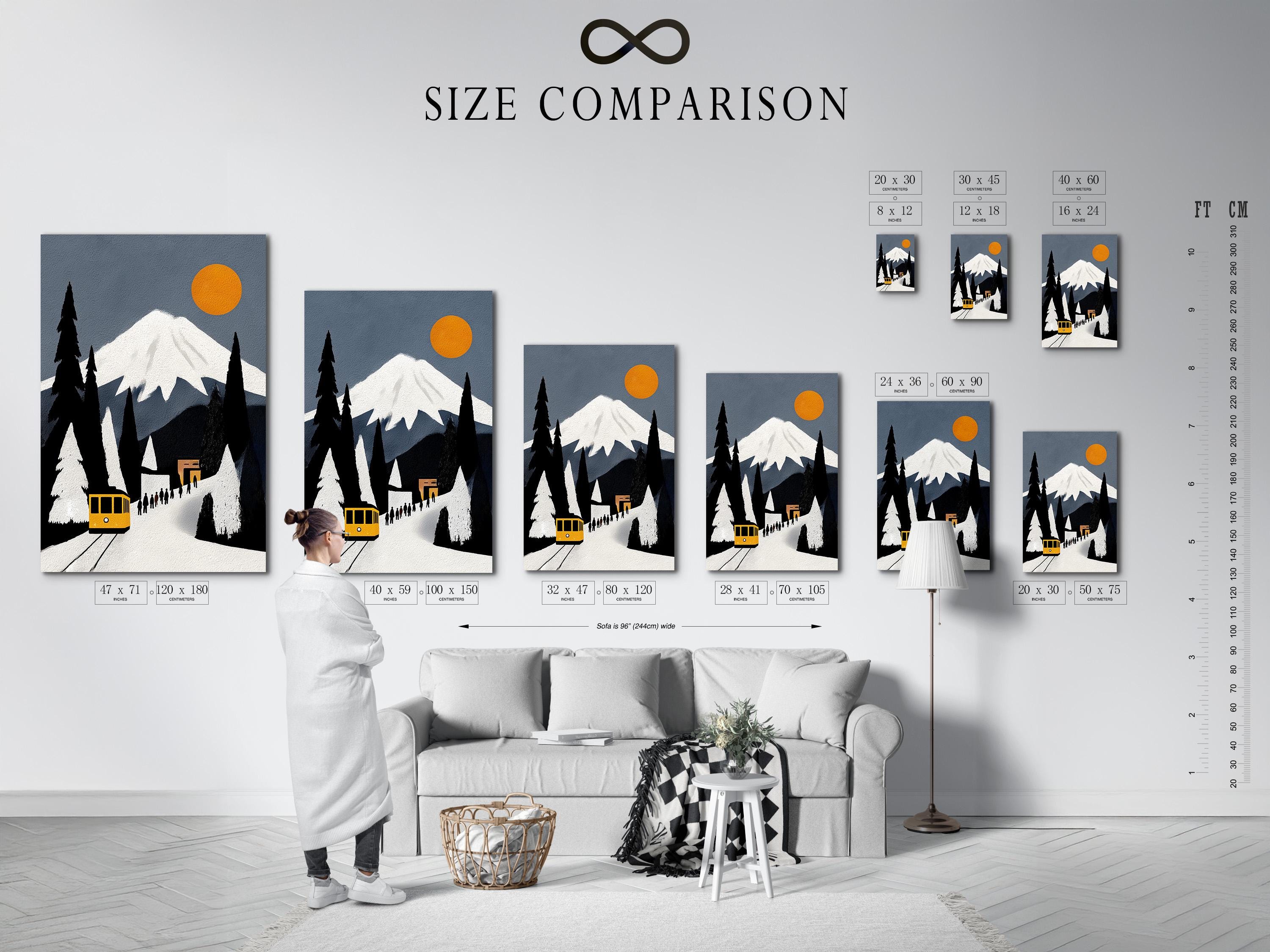 Room mockup showing a framed yellow train winter mountain artwork