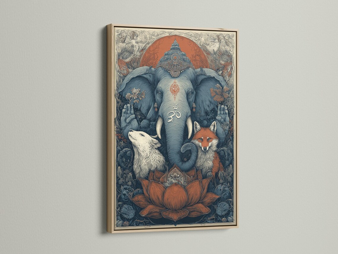 Ornate spiritual animal illustration of a blue elephant with an om symbol, fox and wolf in a forest scene detail view
