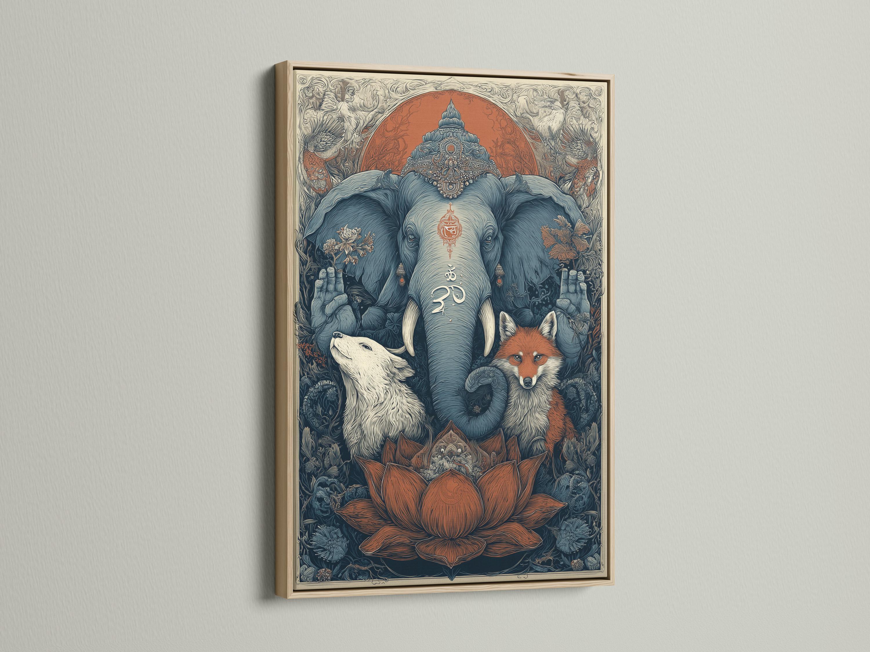 Ornate spiritual animal illustration of a blue elephant with an om symbol, fox and wolf in a forest scene detail view