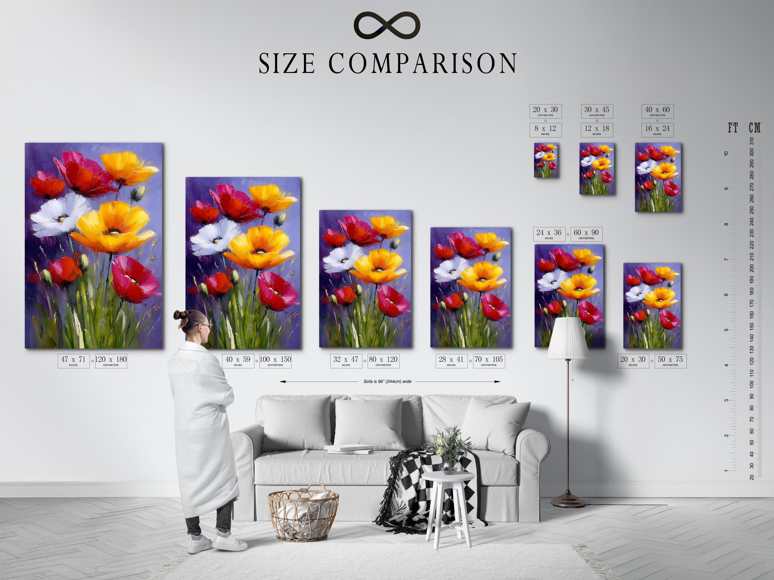 Floral artwork mockup showing a framed poppy bouquet on a light wall, with style variants on the left