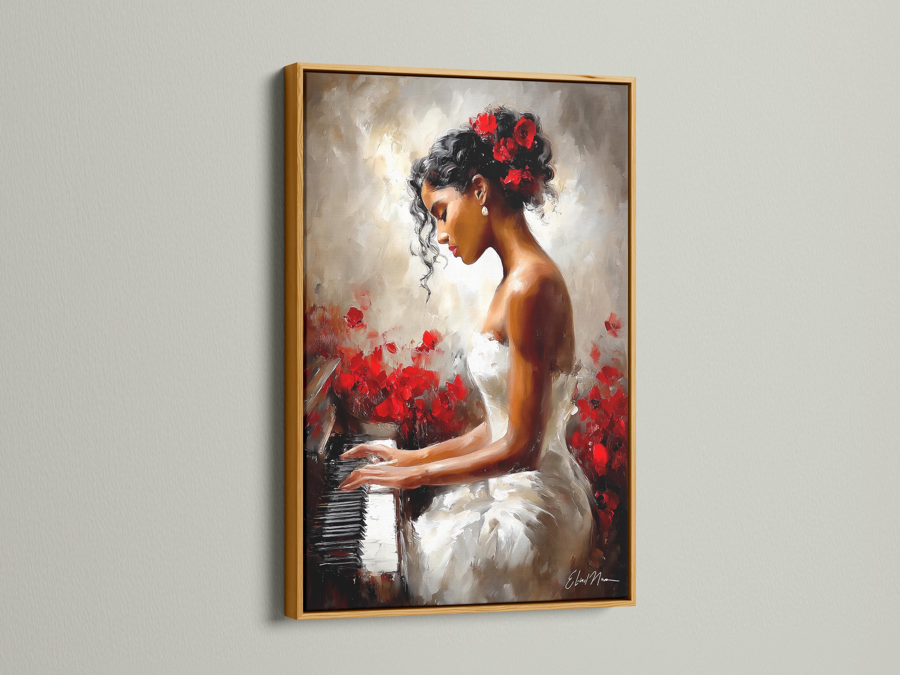 A framed artwork of a woman playing a piano with red flowers displayed in a room