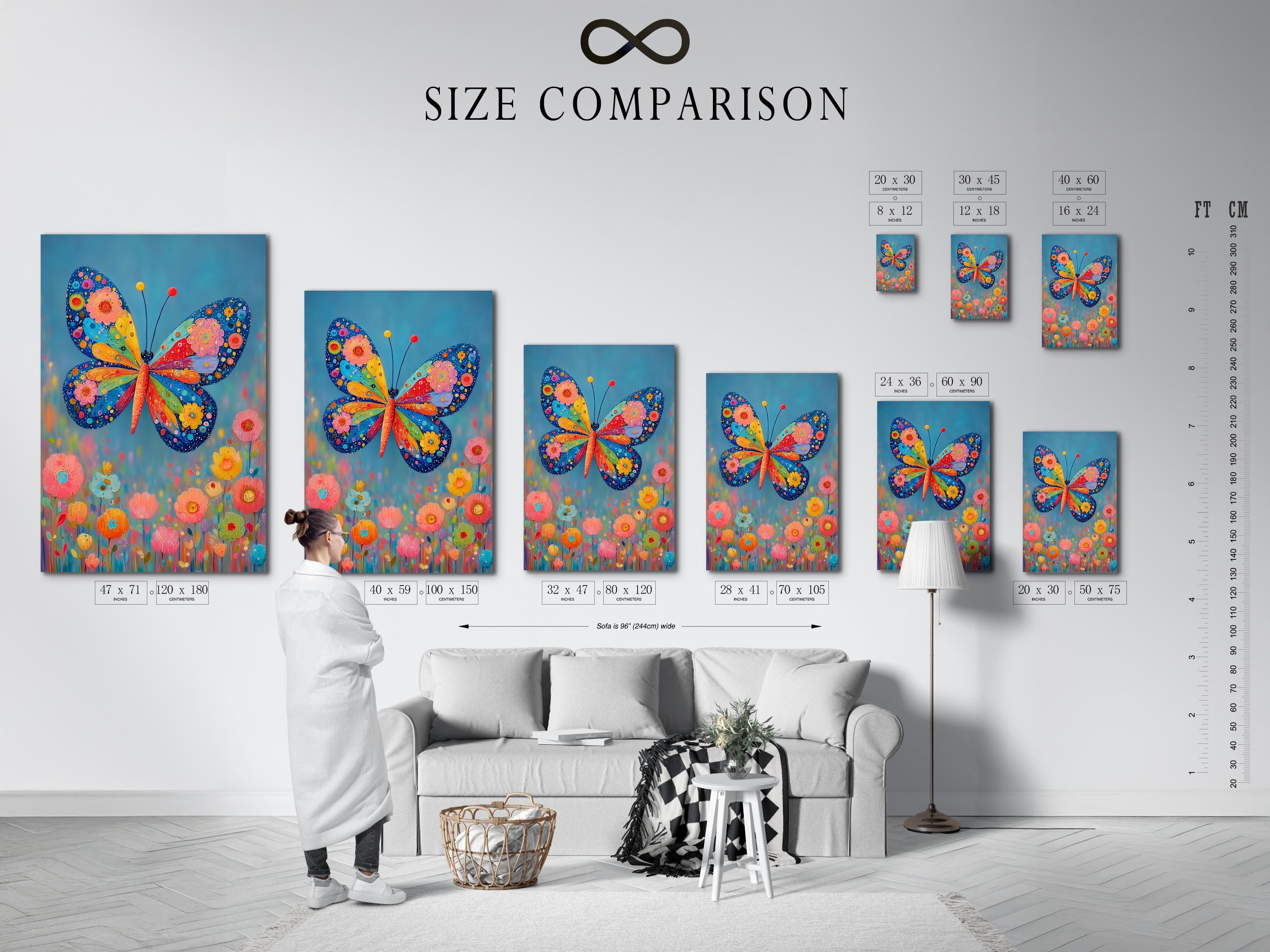 A bright stylised butterfly with patterned wings over colourful flowers on a blue background detail view