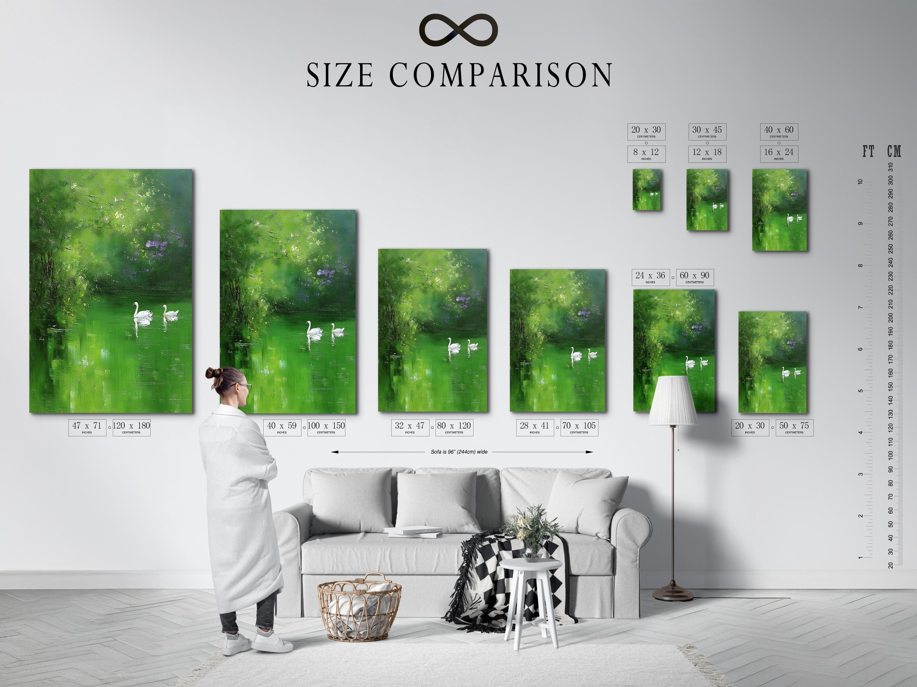 Green landscape artwork with two white swans floating on dark green water detail view