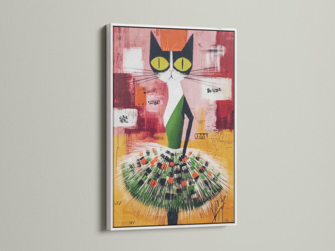 Stylised abstract cat portrait with large green eyes, whiskers, and a radial burst pattern detail view