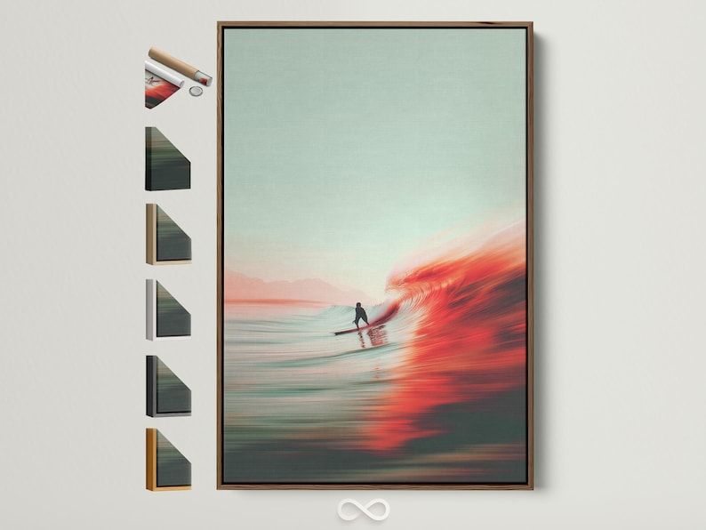 Seascape painting of a surfer riding a bright red wave at sunset over reflective ocean water