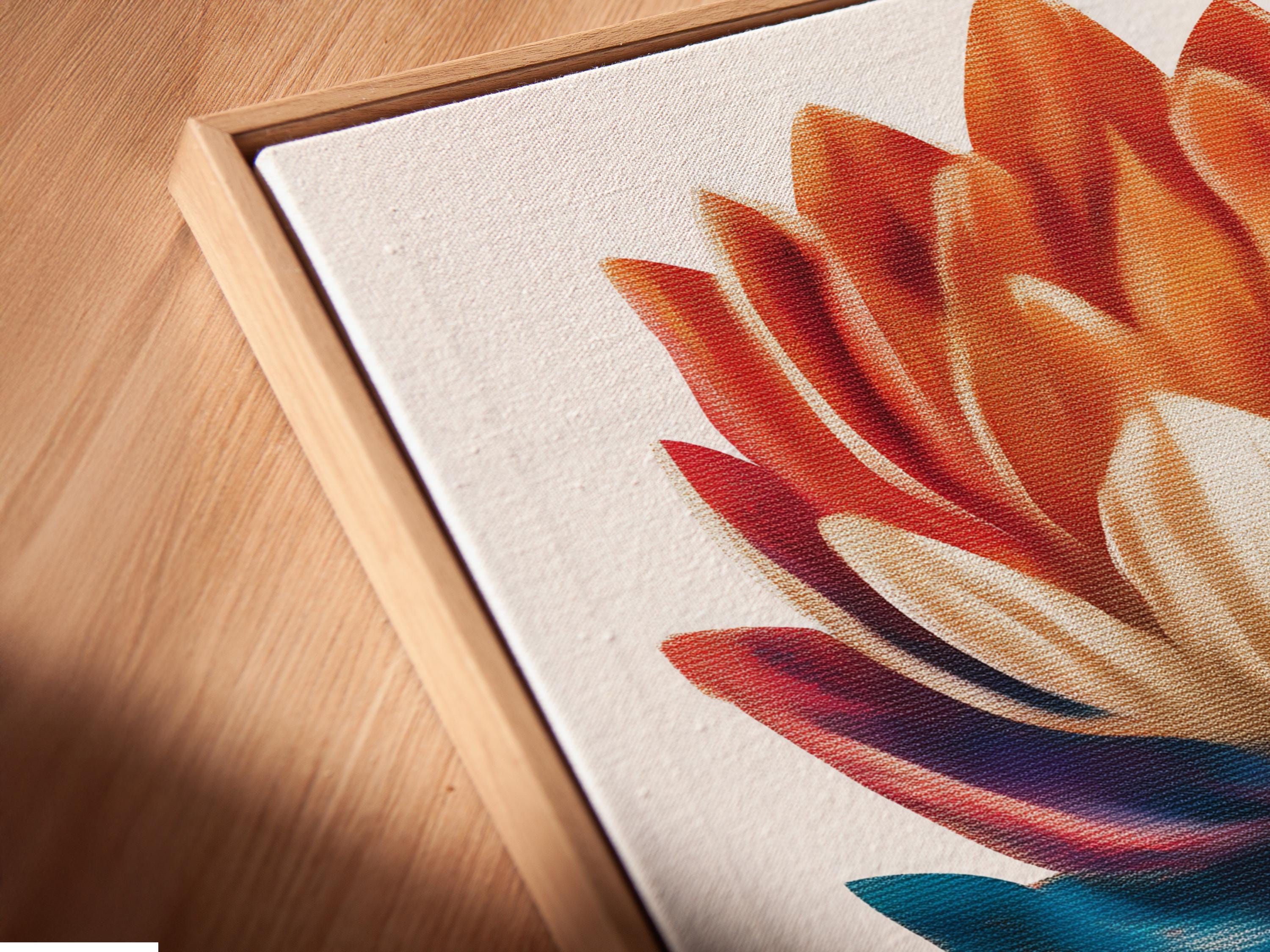 Stylised flower artwork with teal and coral petals and a cream centre on a pale background detail view