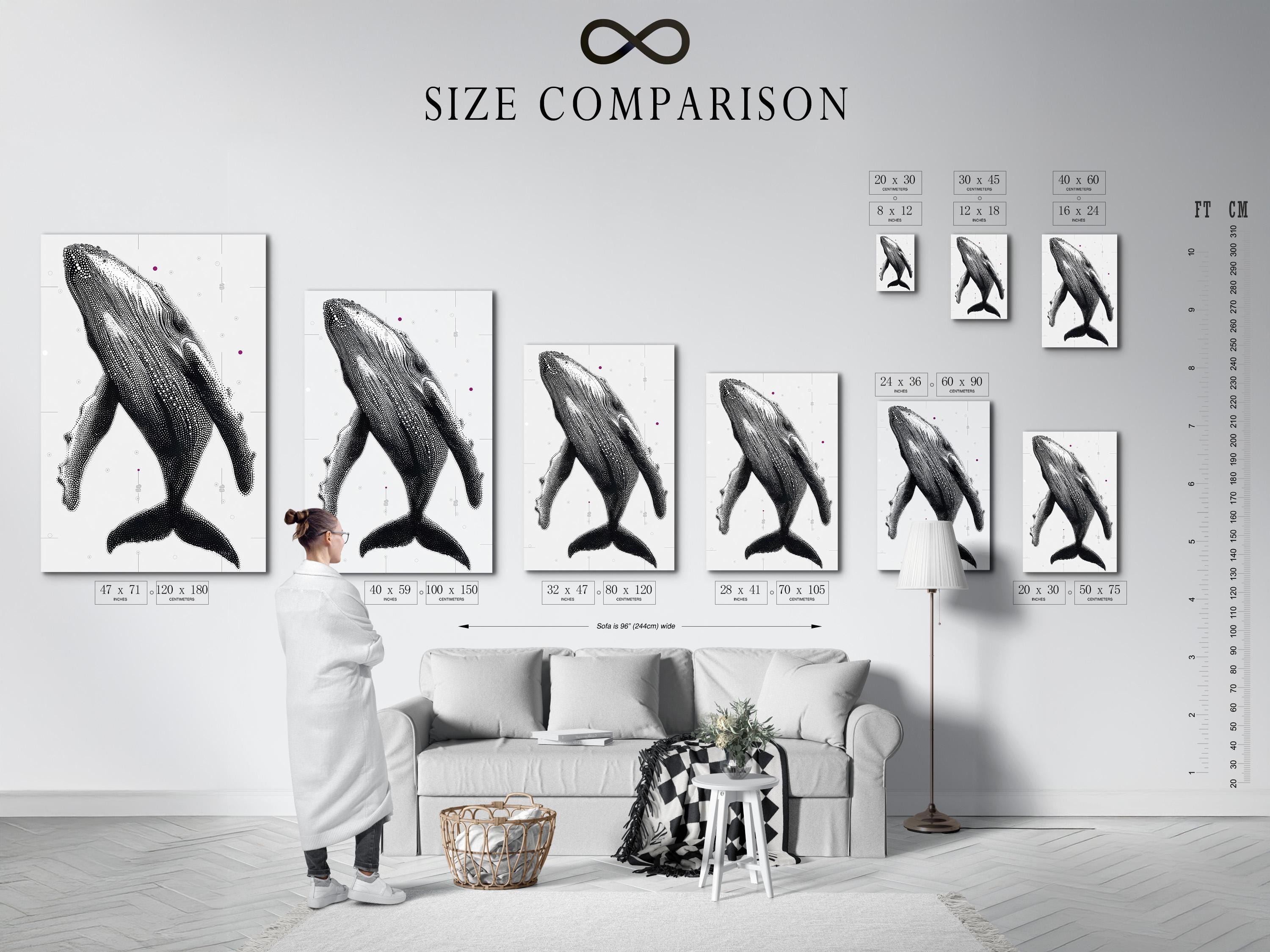 Humpback whale wall art mockup with dotted whale illustration in black and white