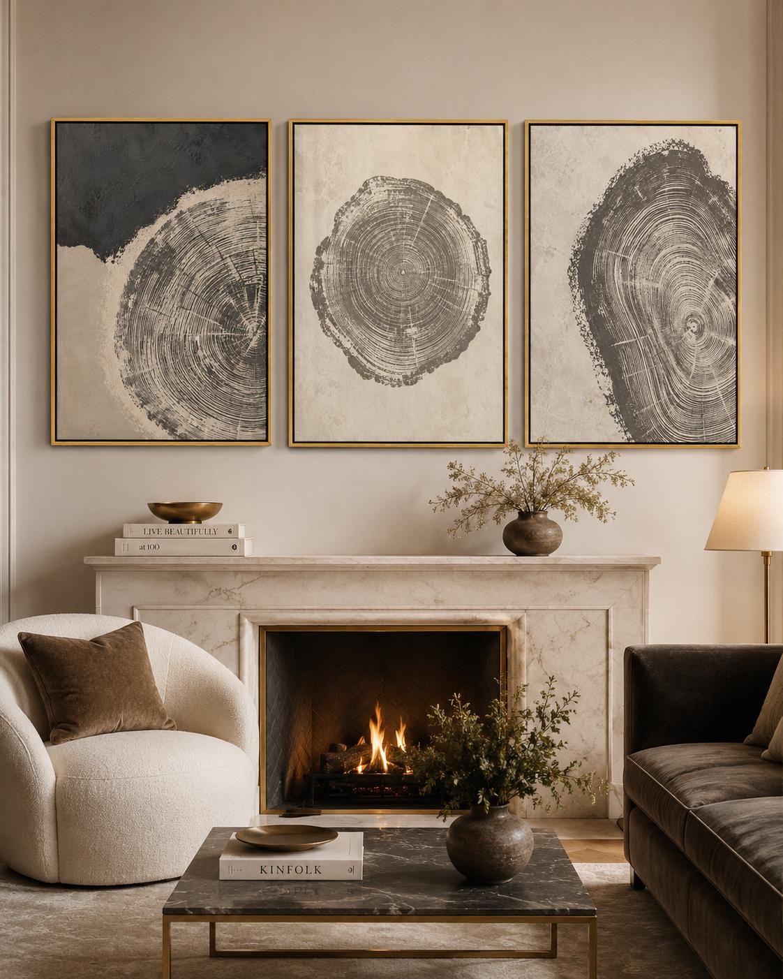 Three-panel abstract tree-ring circles in grey linework on neutral backgrounds detail view