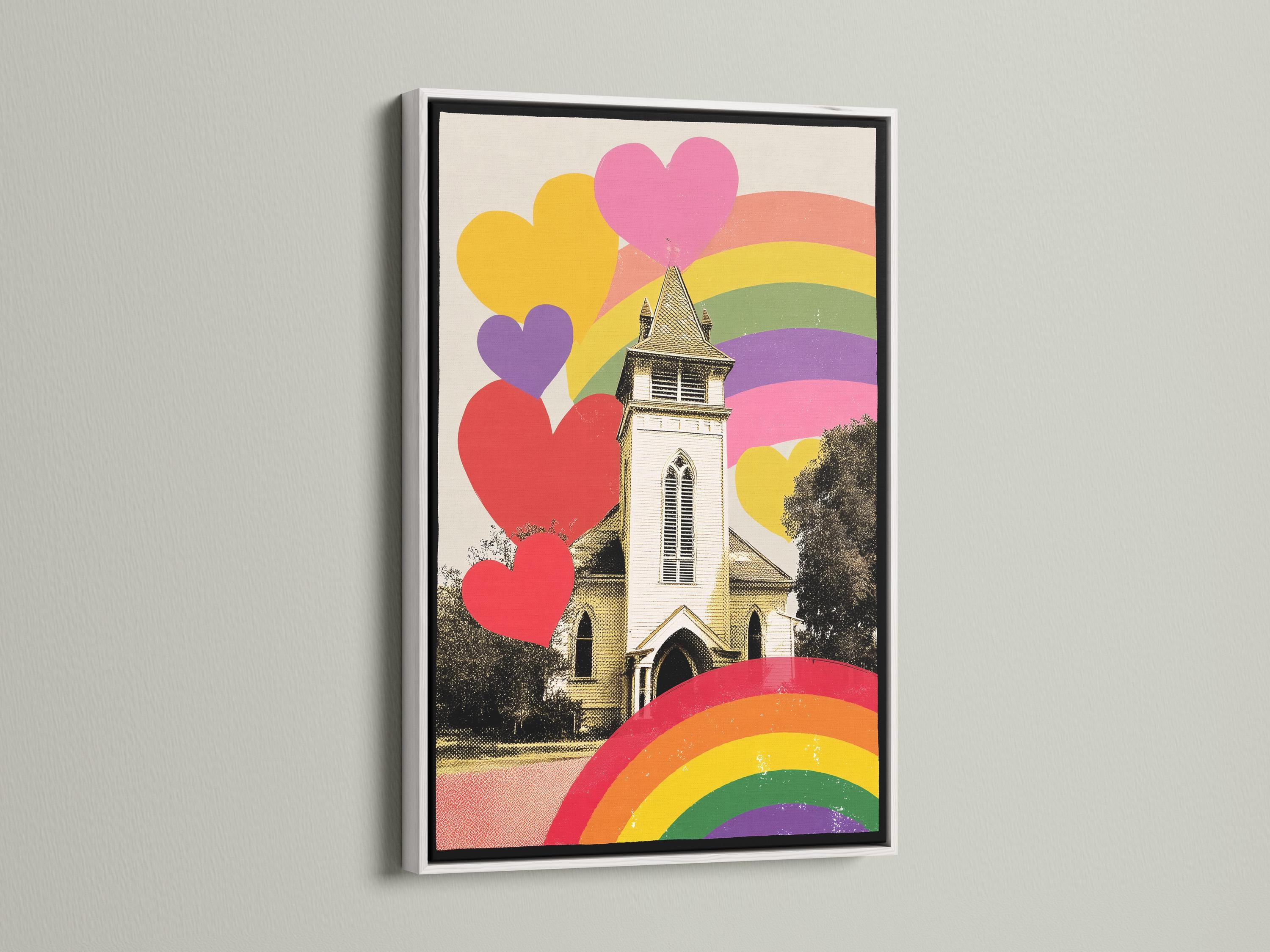 A person holding a mug sitting in a bedroom with a framed rainbow hearts church artwork on the wall
