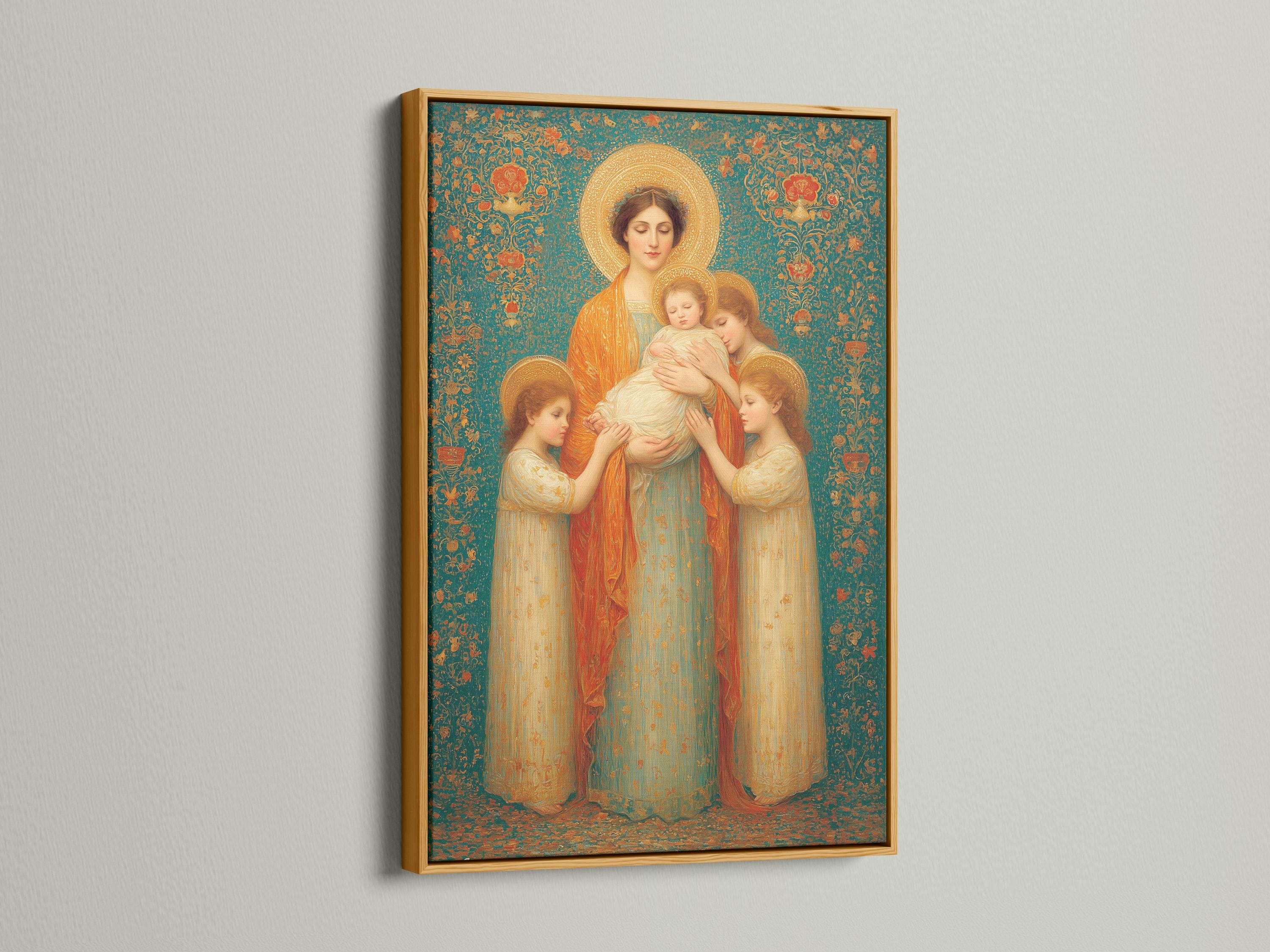 Portrait artwork mockup of a framed Madonna and child scene with teal floral background