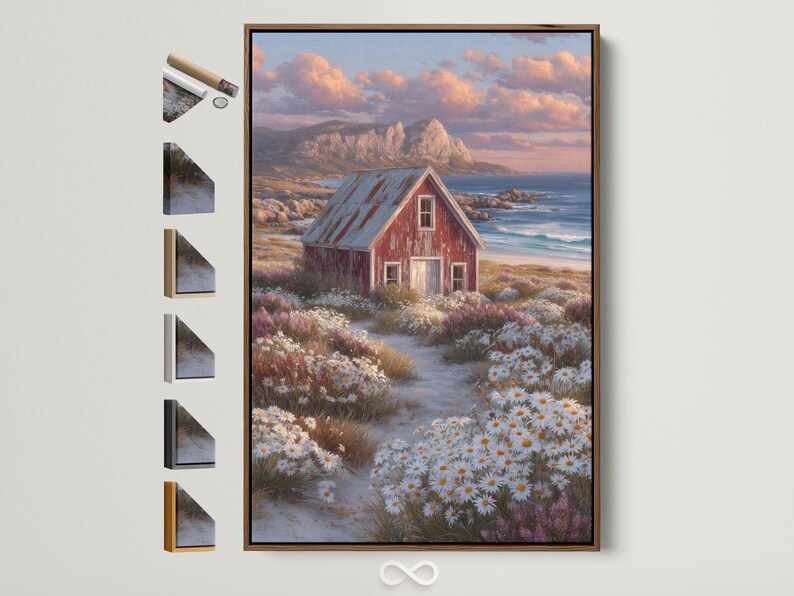 Red barn in a daisy field with ocean and sunset clouds in the background