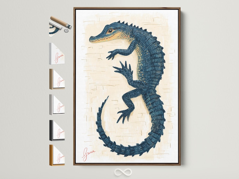 Blue alligator illustration forming a circular loop with scale-like linework on a cream background