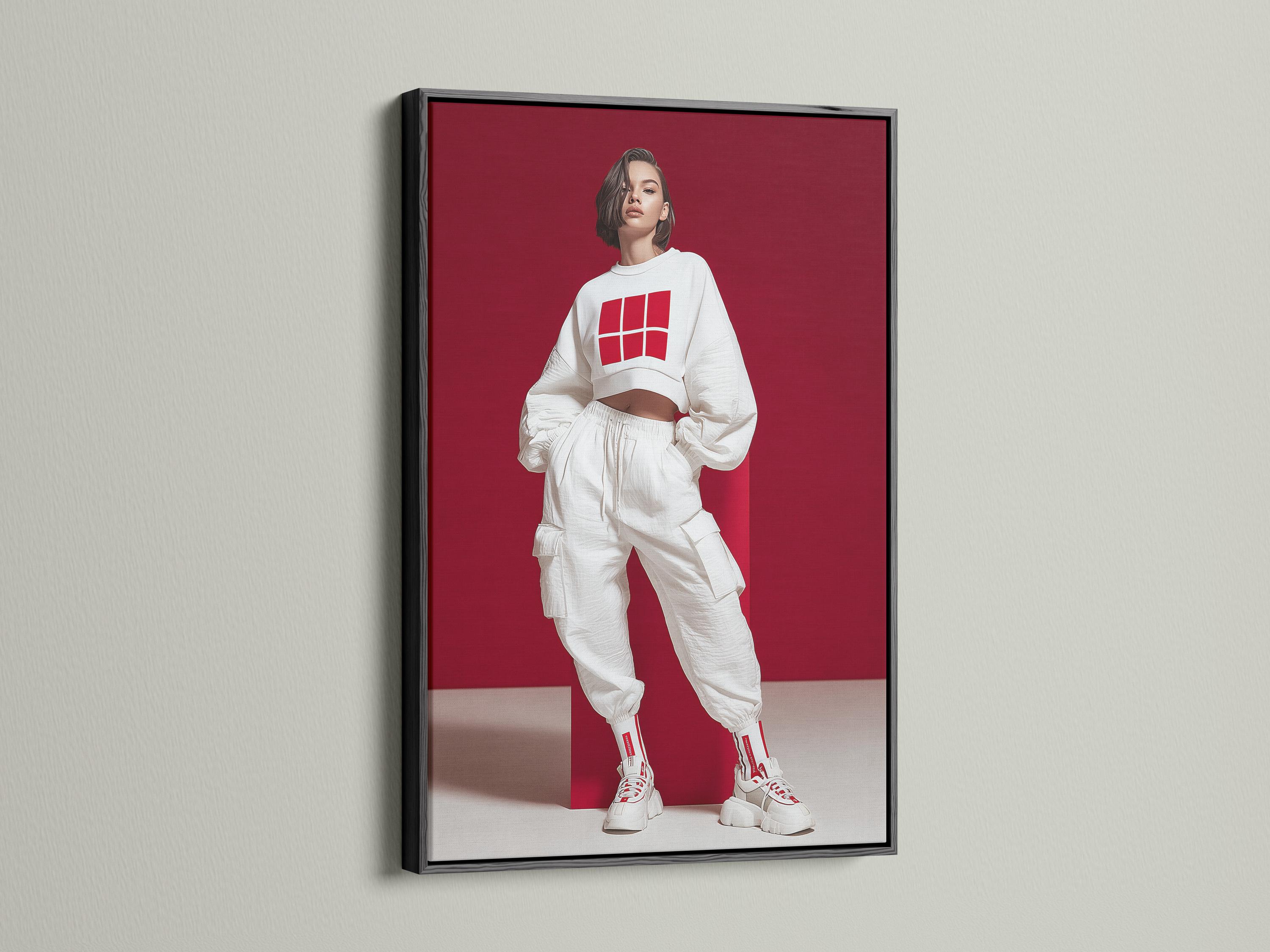 Stylised fashion portrait of a woman in white streetwear with a grid logo on a deep red background detail view